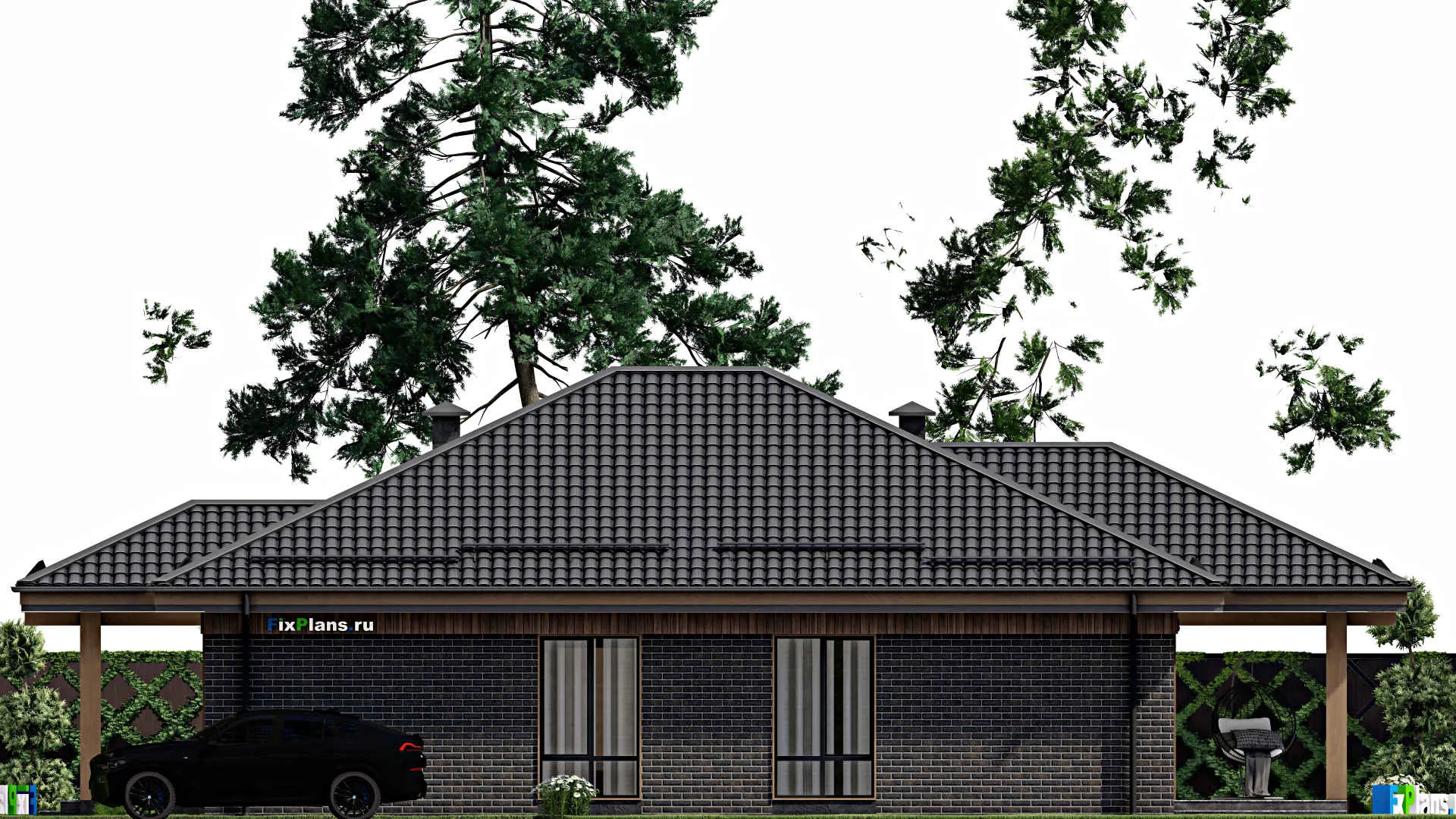 F-5390 - План одноэтажного дома 12 на 14, площадью 150 м² с террасой и 3 спальнями