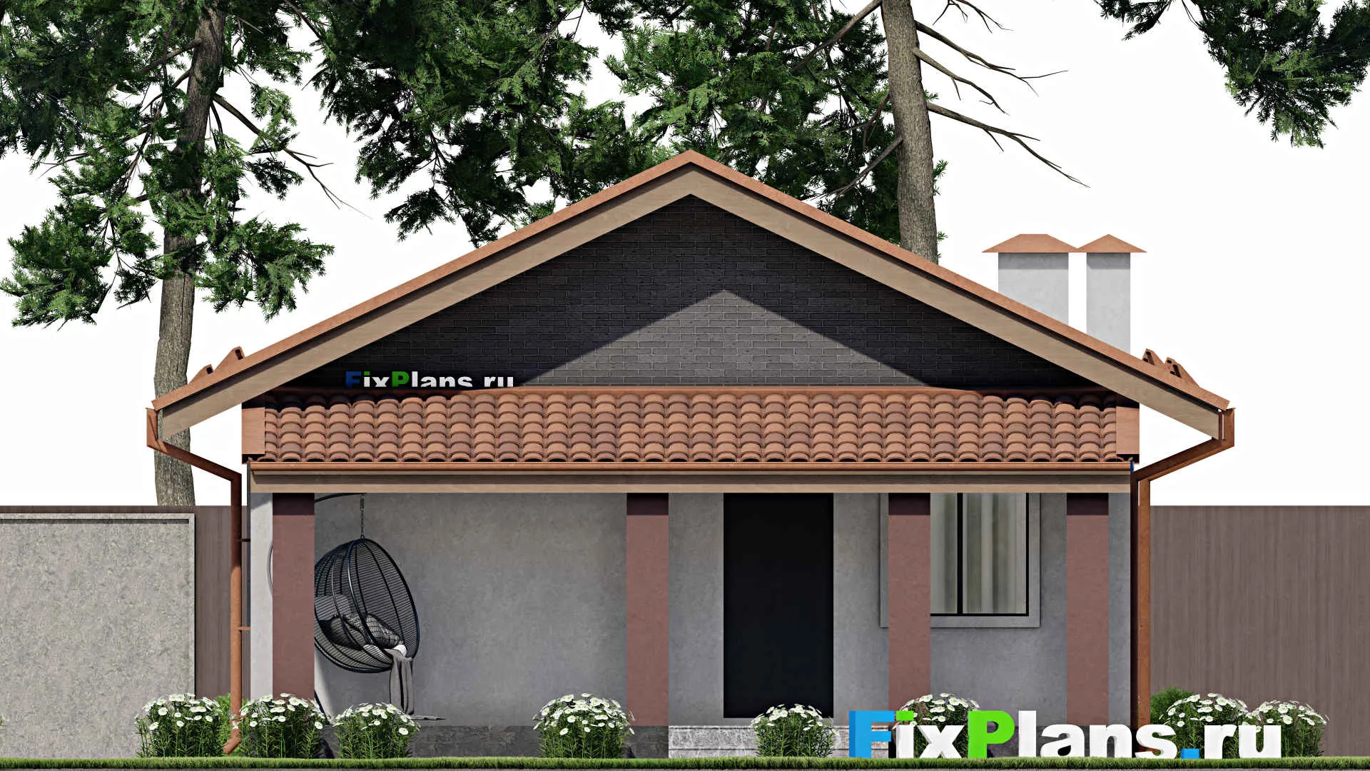 F-11357 - Проект одноэтажного дома 8 на 15, площадью 80 м² с террасой и 3 спальнями