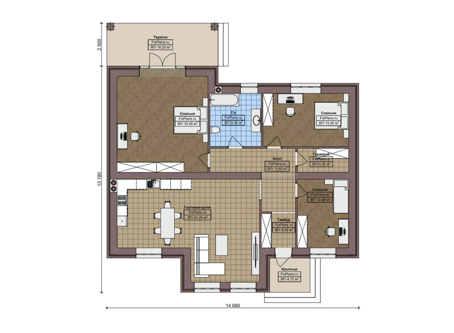 F-8018 - План одноэтажного дома 14 на 15, площадью 150 м² с террасой и 3 спальнями