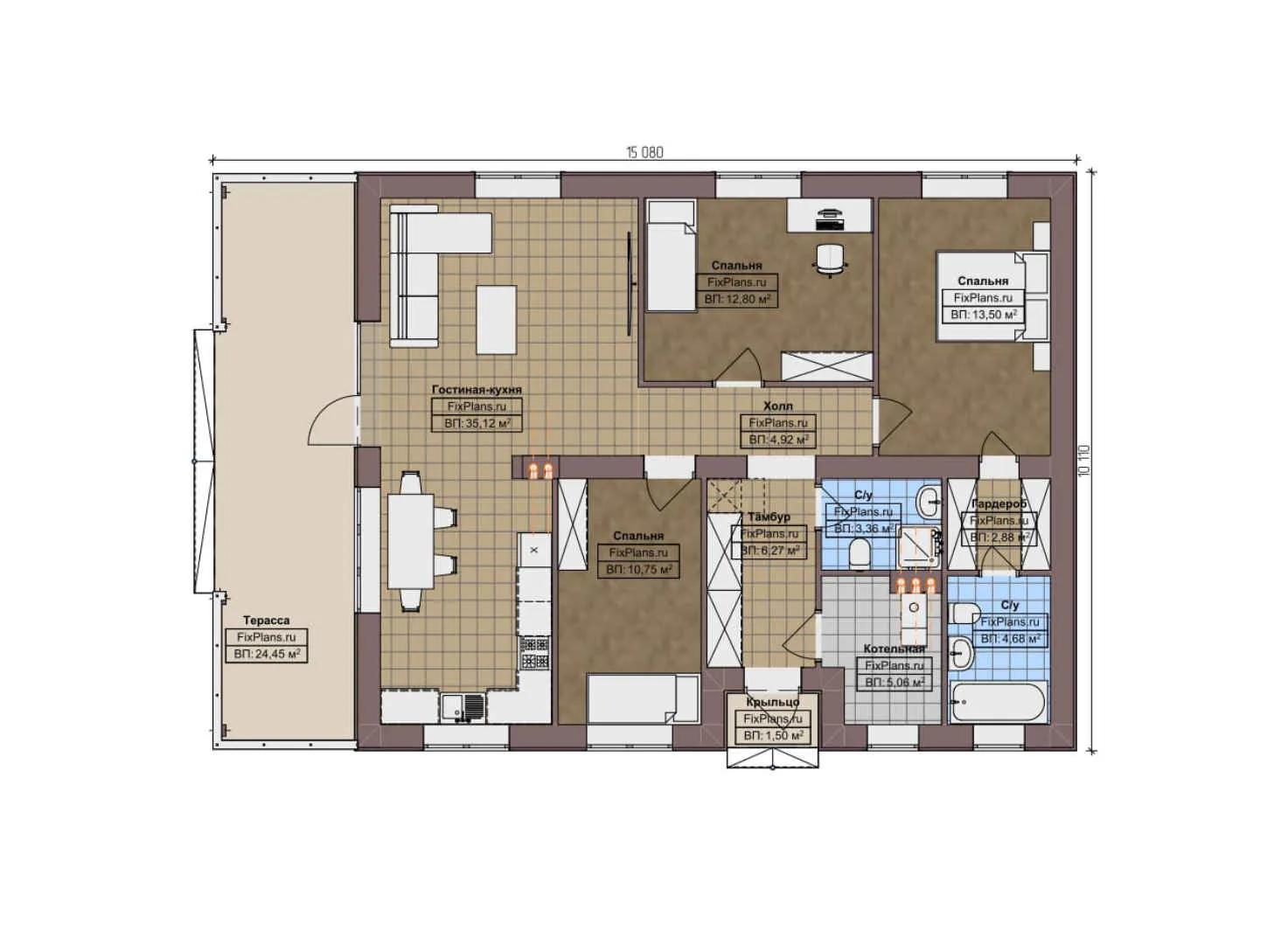 F-9620 - План одноэтажного дома 11 на 16, площадью 130 м² с террасой и 3 спальнями
