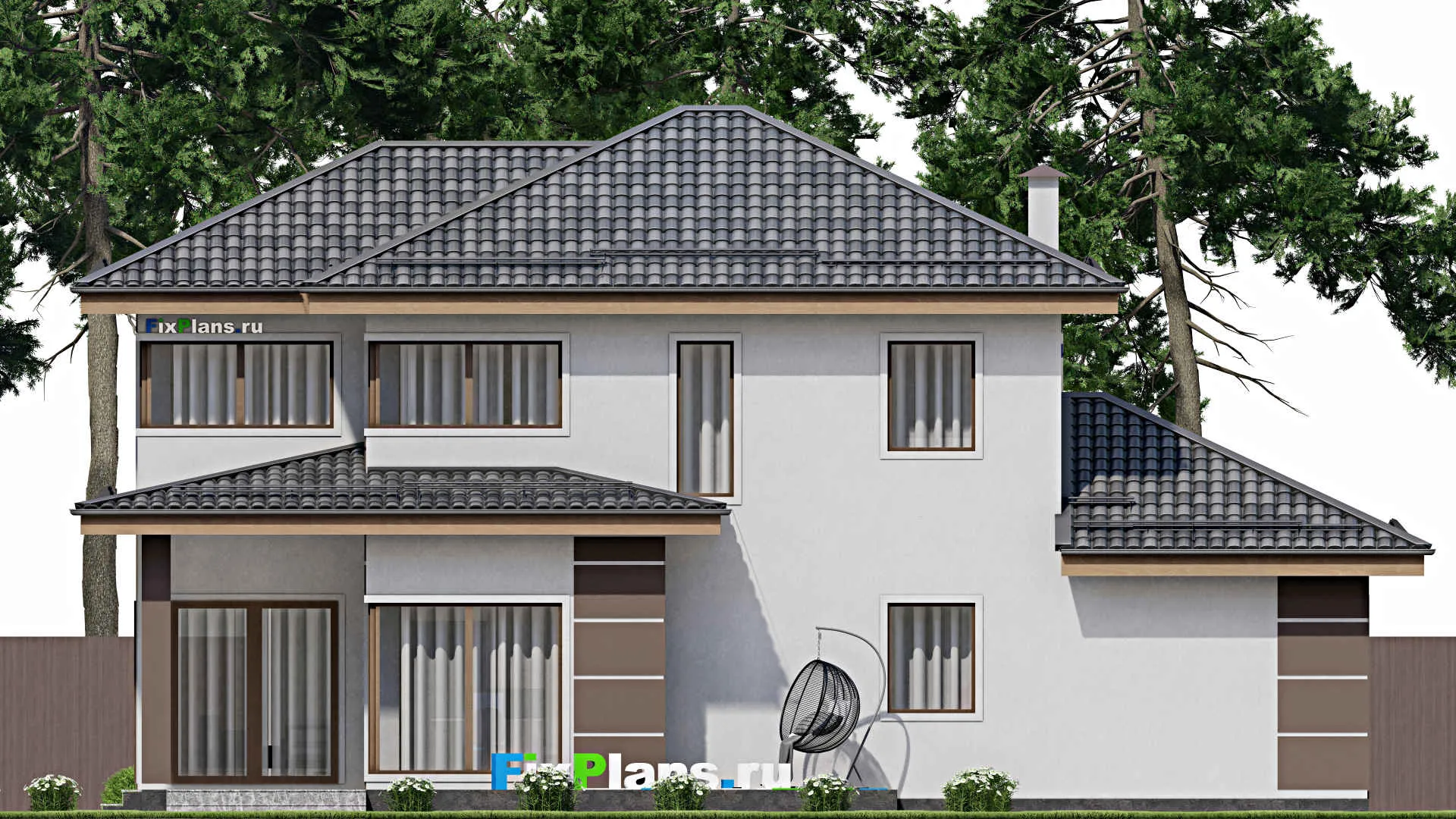 F-10241 - Проект двухэтажного дома 14 на 17, площадью 220 м² с террасой, гаражом на 1 машину и 3 спальнями