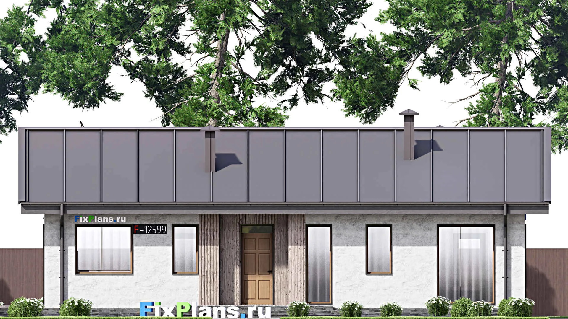 F-12599 - План одноэтажного дома 12 на 18, площадью 130 м² с террасой, баней и 3 спальнями