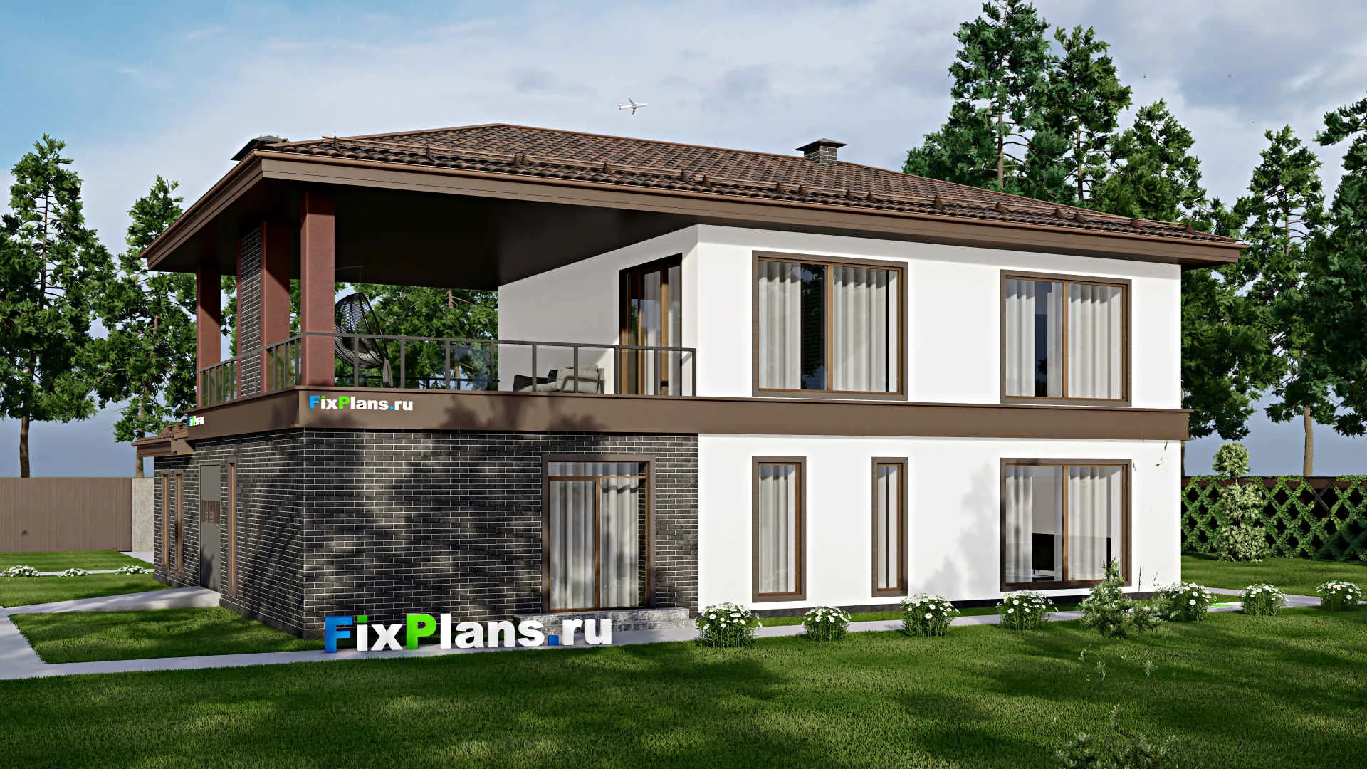 F-7946 - Проект двухэтажного дома 15 на 18, площадью 310 м² с террасой, баней, гаражом на 2 машины и 2 спальнями