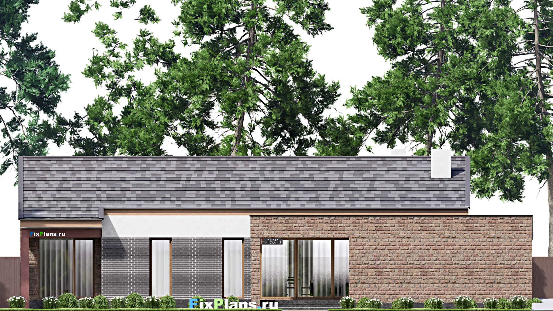 F-16217 - План одноэтажного дома 13 на 23, площадью 240 м² с террасой, гаражом на 2 машины и 4 спальнями