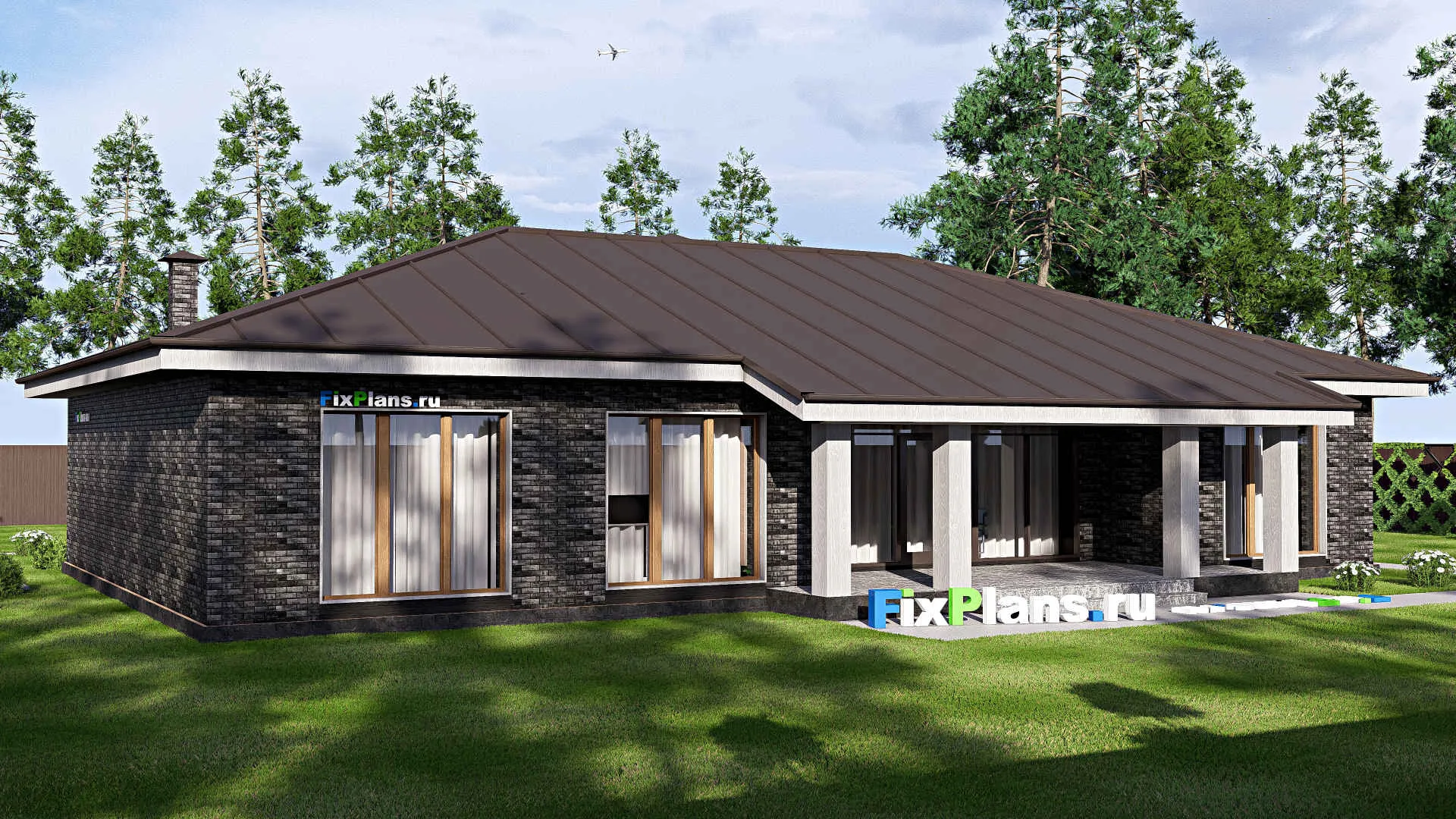 F-17747 - Проект одноэтажного дома 15 на 21, площадью 220 м² с террасой и 3 спальнями