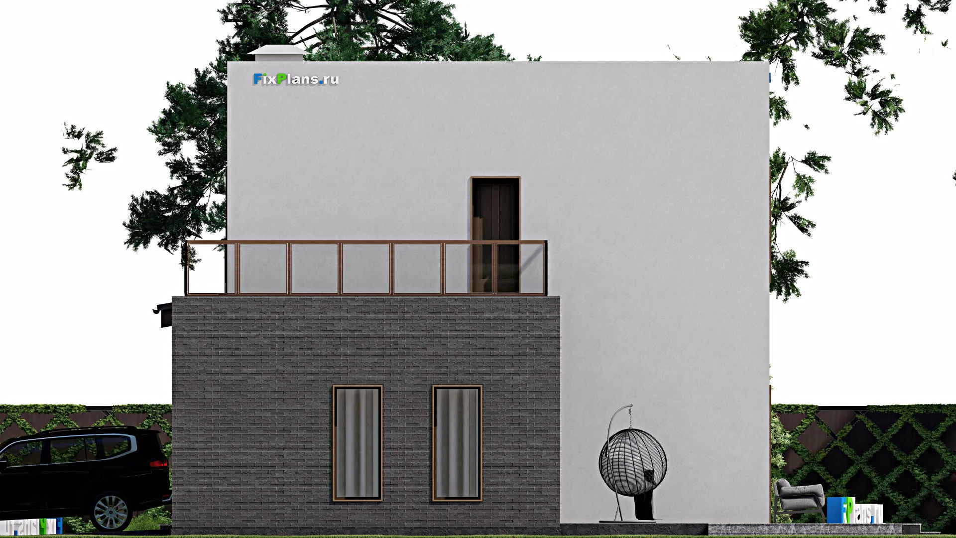 F-8153 - Планы двухэтажного дома 14 на 14, площадью 240 м² с террасой, балконом, гаражом на 1 машину и 3 спальнями
