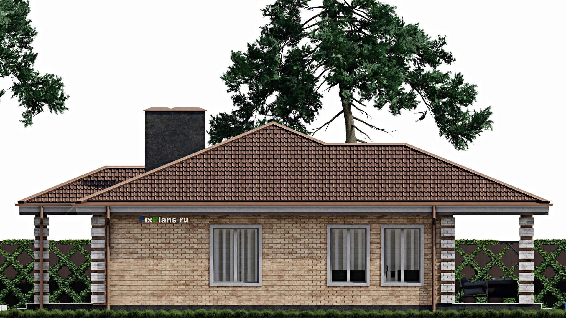 F-0656 - Проект одноэтажного дома 12 на 12, площадью 130 м² с террасой и 3 спальнями