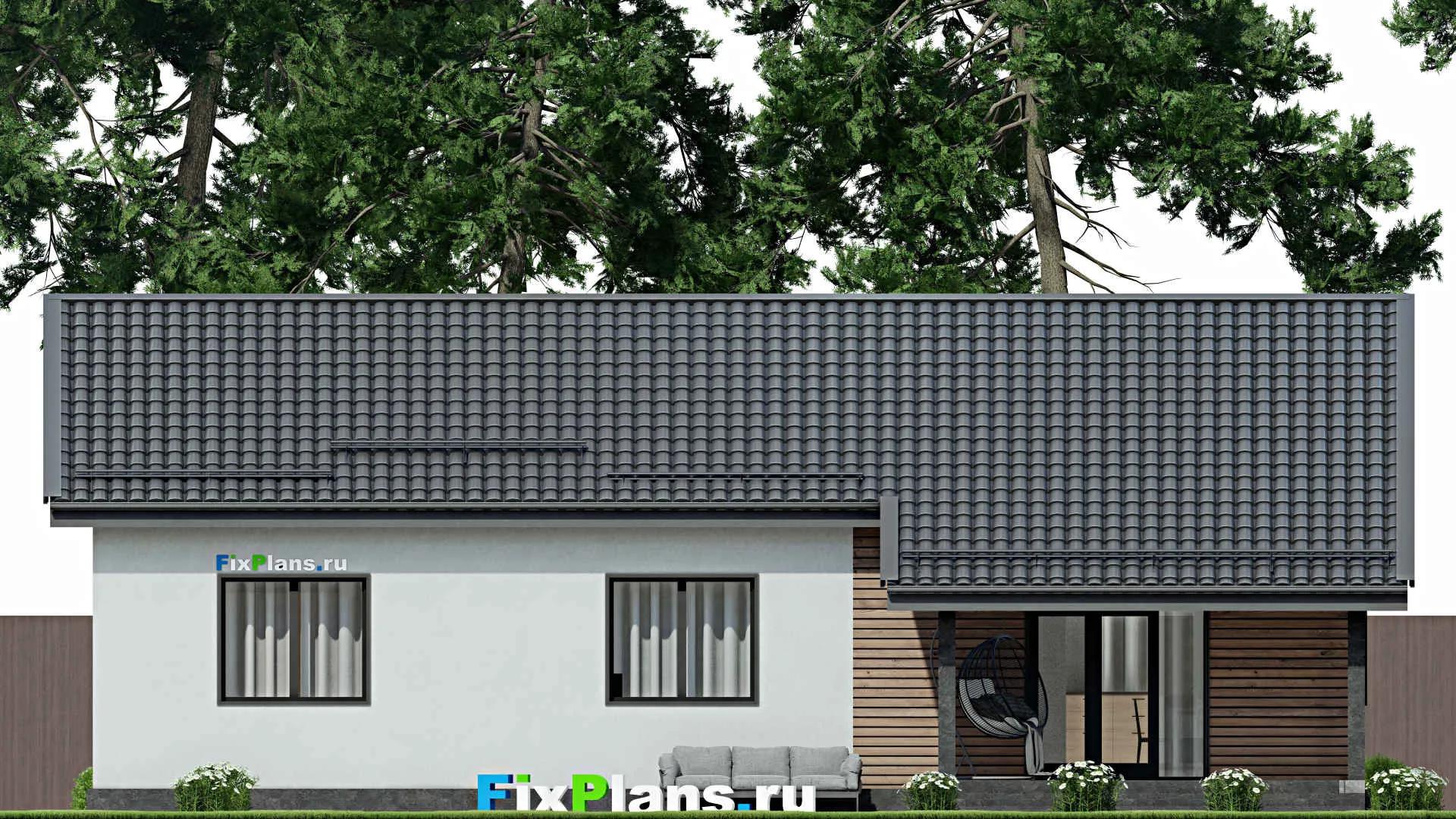 F-2852 - Проект одноэтажного дома 10 на 15, площадью 130 м² с террасой и 3 спальнями