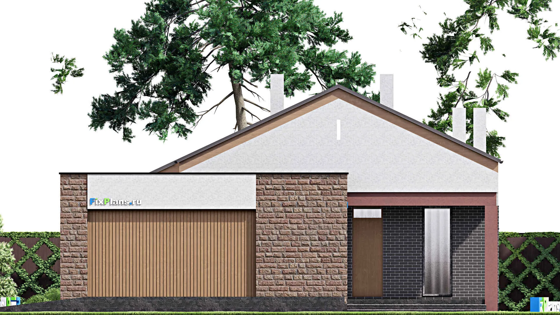 F-16217 - План одноэтажного дома 13 на 23, площадью 240 м² с террасой, гаражом на 2 машины и 4 спальнями