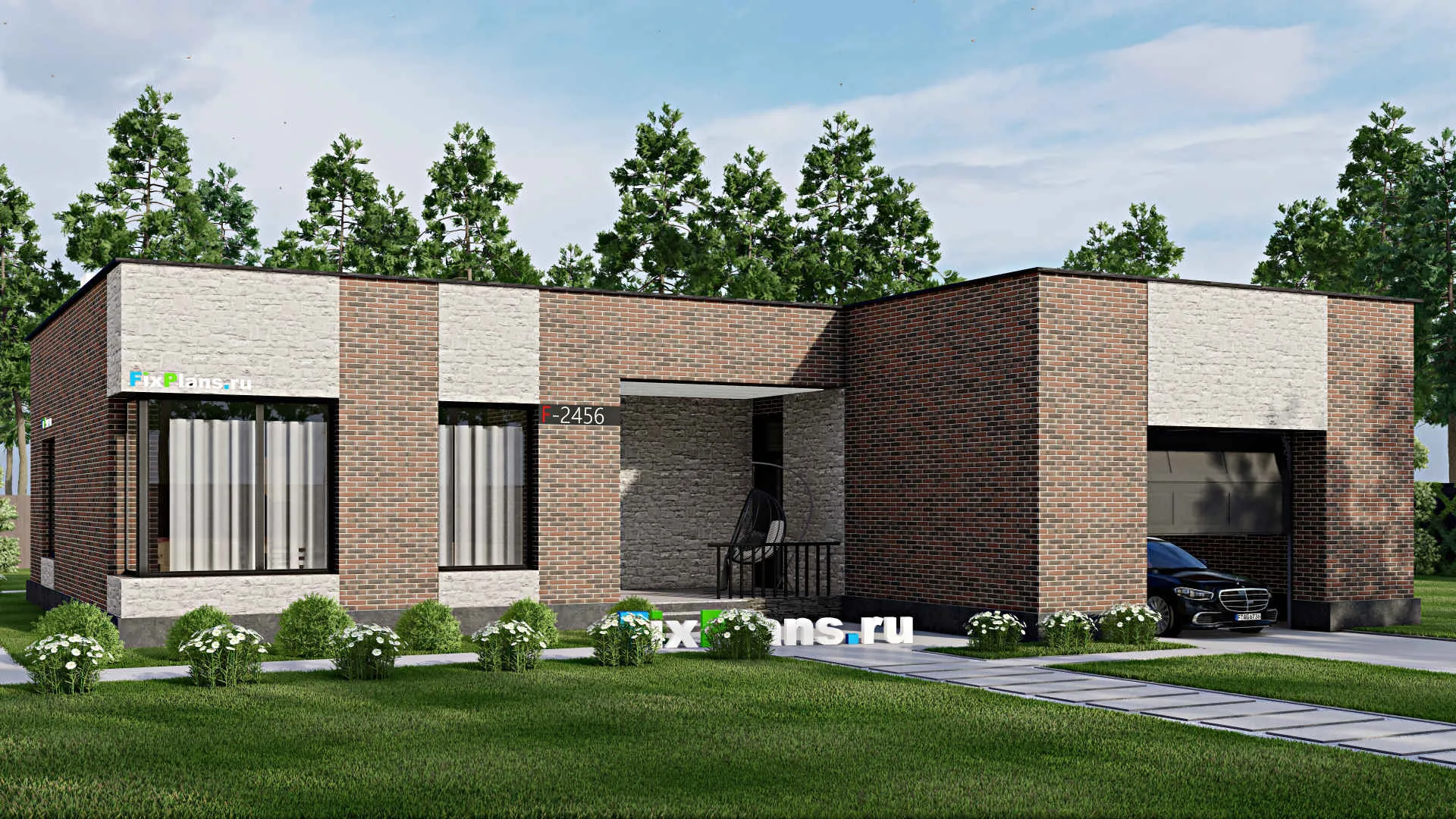 F-2456 - Проект одноэтажного дома 17 на 19, площадью 160 м² с гаражом на 2 машины и 2 спальнями