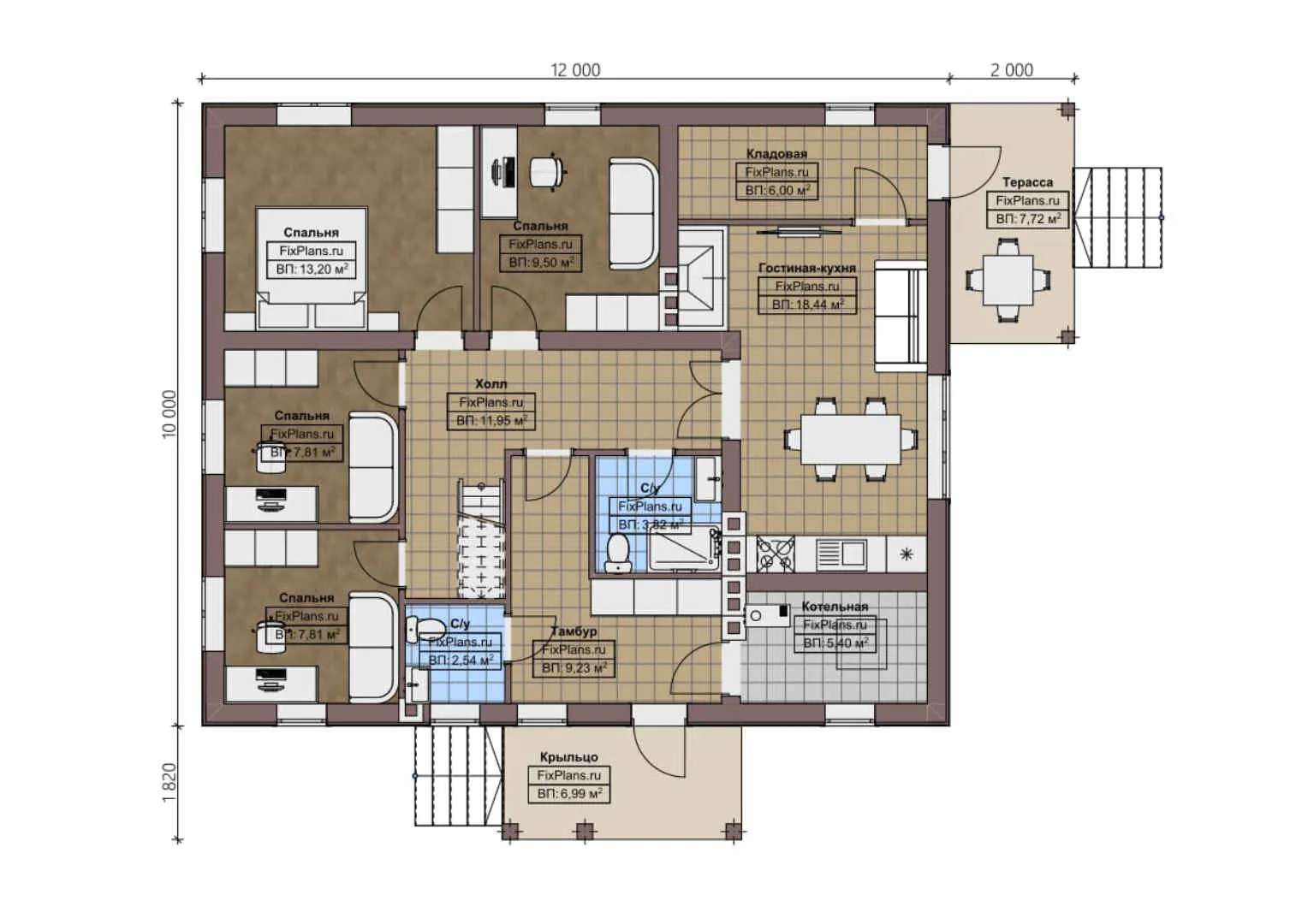F-1691 - План одноэтажного дома 10 на 12, площадью 110 м² с террасой и 4 спальнями