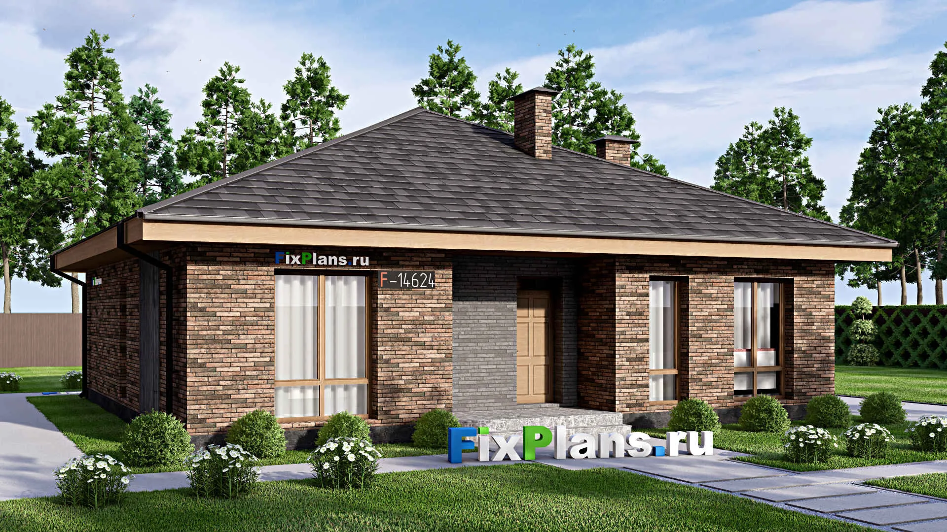 F-14624 - Проект одноэтажного дома 13 на 13, площадью 130 м² с террасой и 3 спальнями