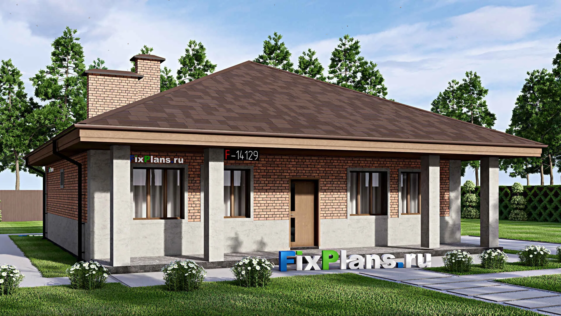 F-14129 - Проект одноэтажного дома 13 на 14, площадью 140 м² с террасой и 3 спальнями