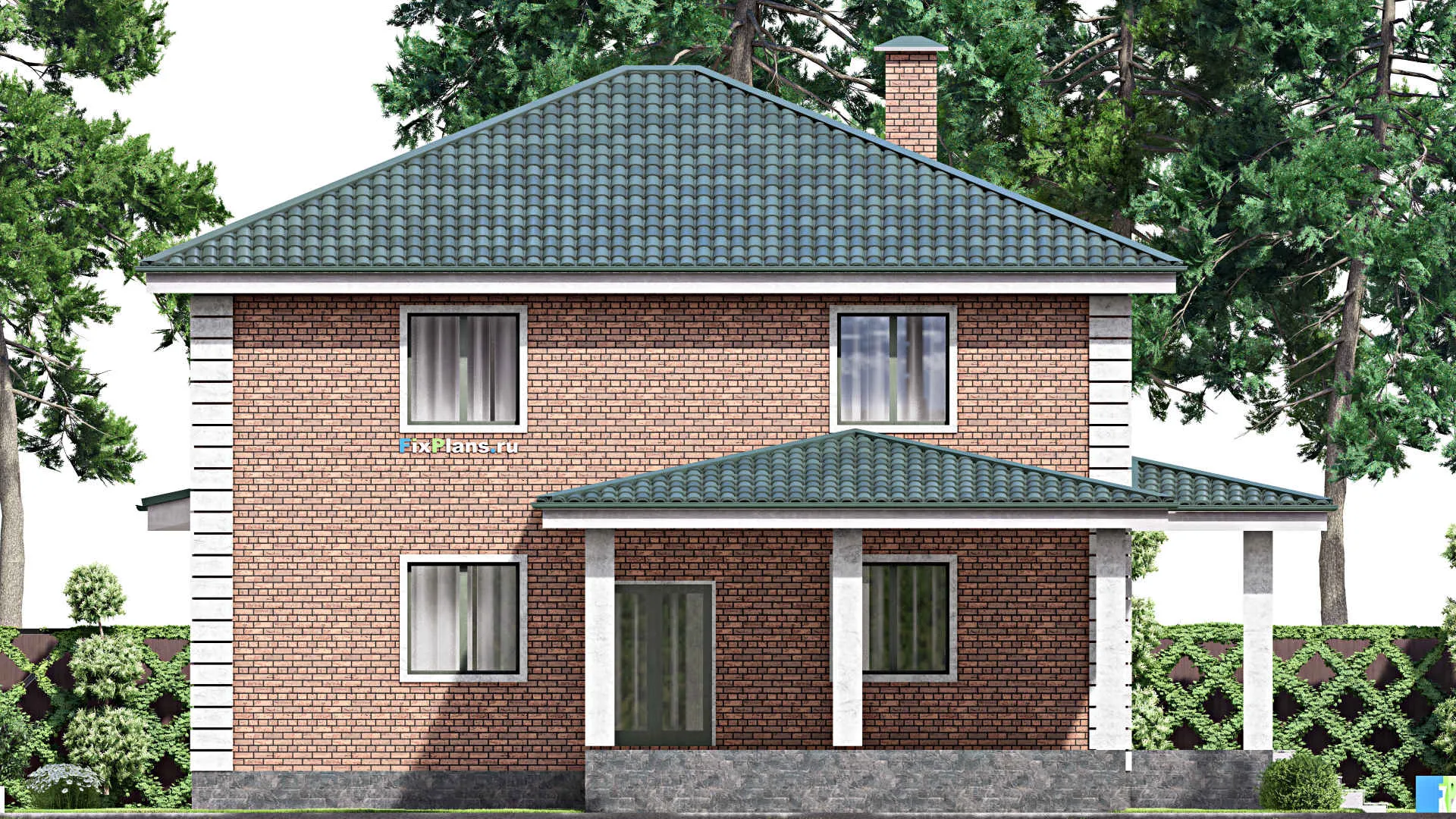 F-13589 - Проект двухэтажного дома 14 на 21, площадью 280 м² с террасой, гаражом на 2 машины и 4 спальнями