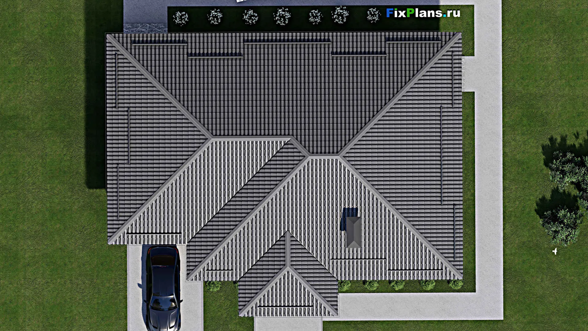 F-2555 - Проект одноэтажного дома 12 на 18, площадью 180 м² с террасой, гаражом на 2 машины и 3 спальнями