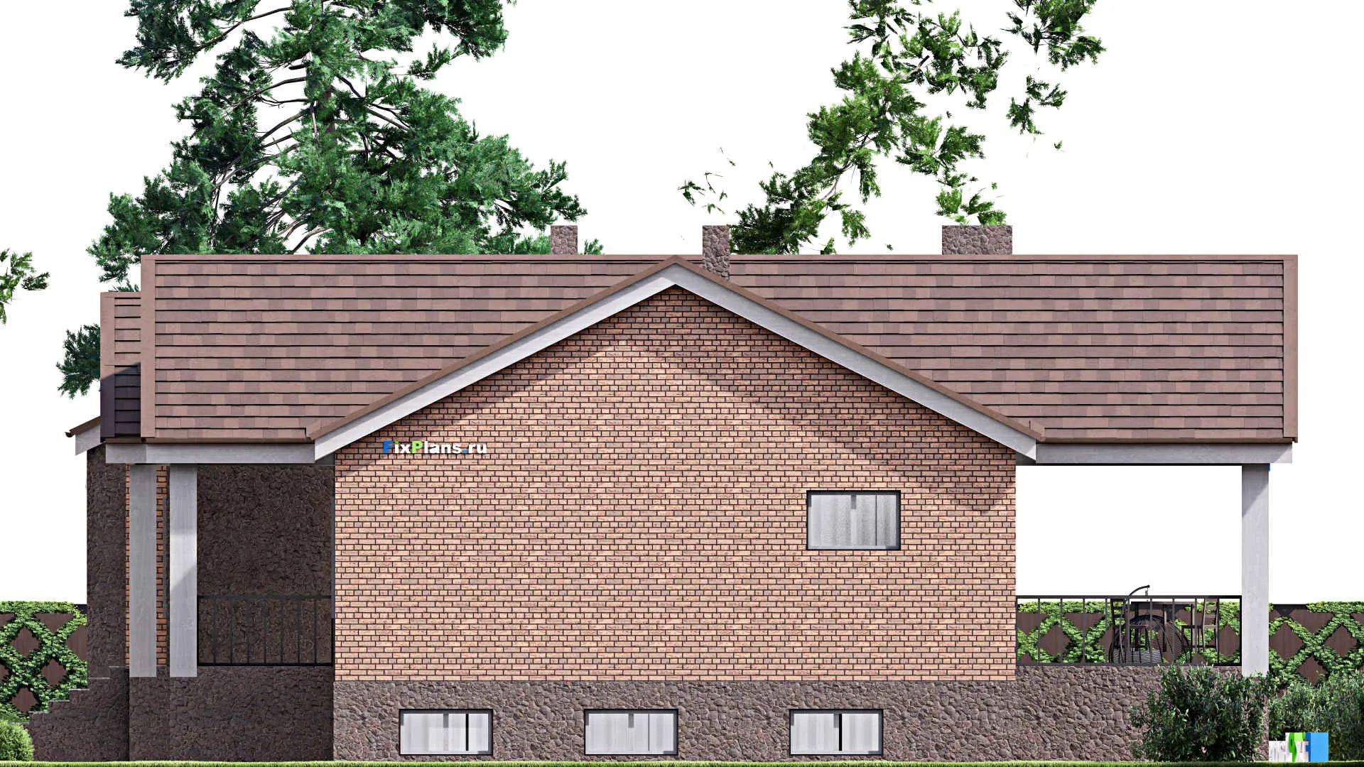 F-16892 - Проект одноэтажного дома 18 на 22, площадью 460 м² с террасой, цокольным этажом, гаражом на 2 машины и 4 спальнями