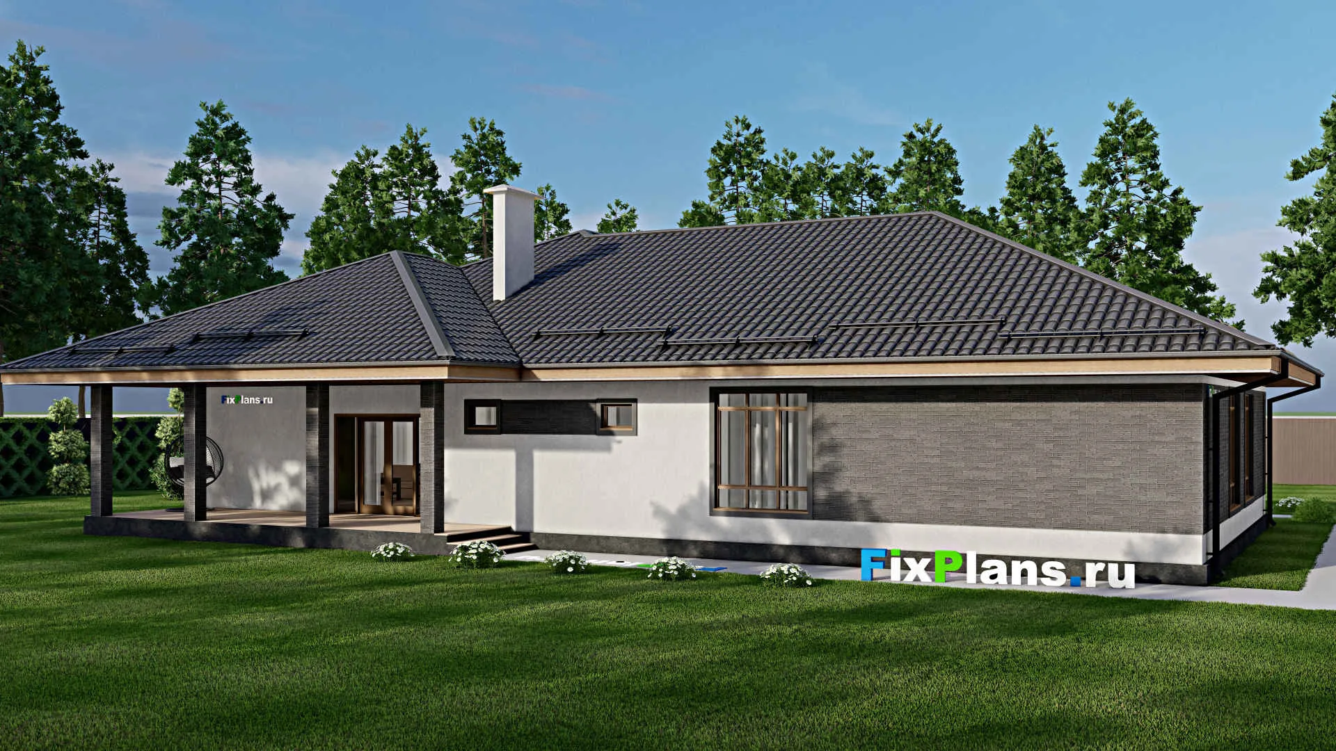 F-3743 - Проект одноэтажного дома 16 на 22, площадью 250 м² с террасой, гаражом на 2 машины и 4 спальнями