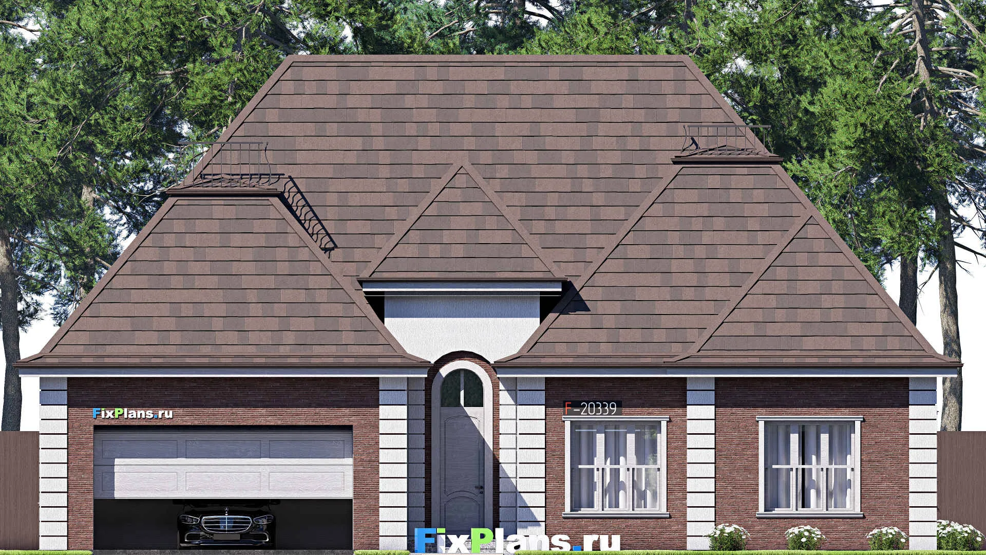 F-20339 - Проект одноэтажного дома 15 на 18, площадью 280 м² с цокольным этажом, баней, гаражом на 2 машины и 3 спальнями