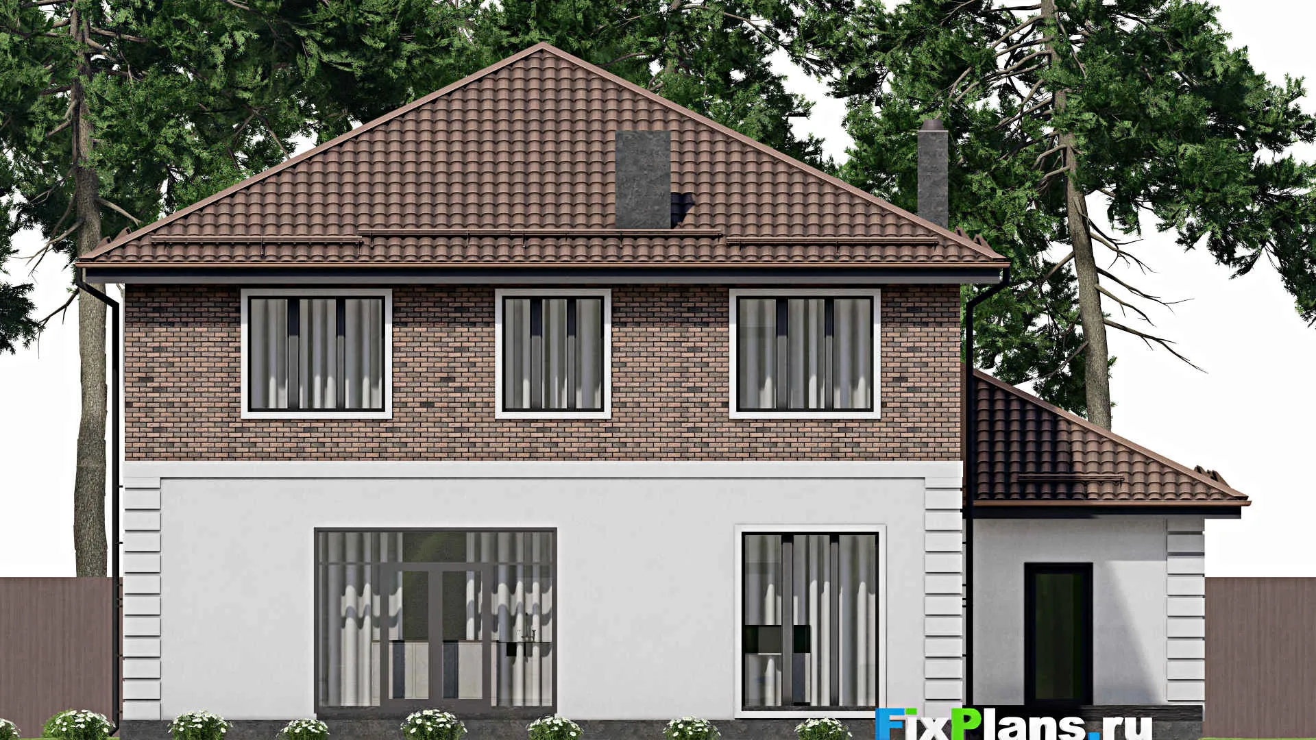 F-7433 - Проект двухэтажного дома 16 на 19, площадью 340 м² с террасой, гаражом на 2 машины и 5 спальнями