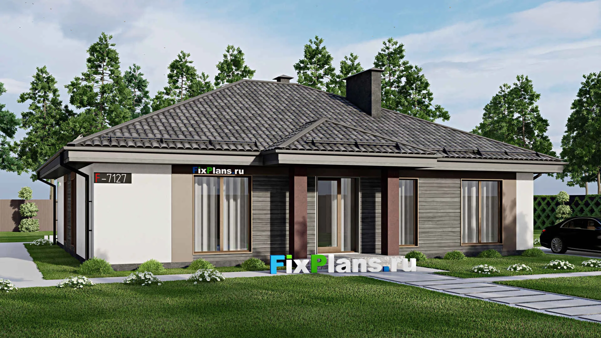 F-7127 - Проект одноэтажного дома 15 на 16, площадью 170 м² с 4 спальнями