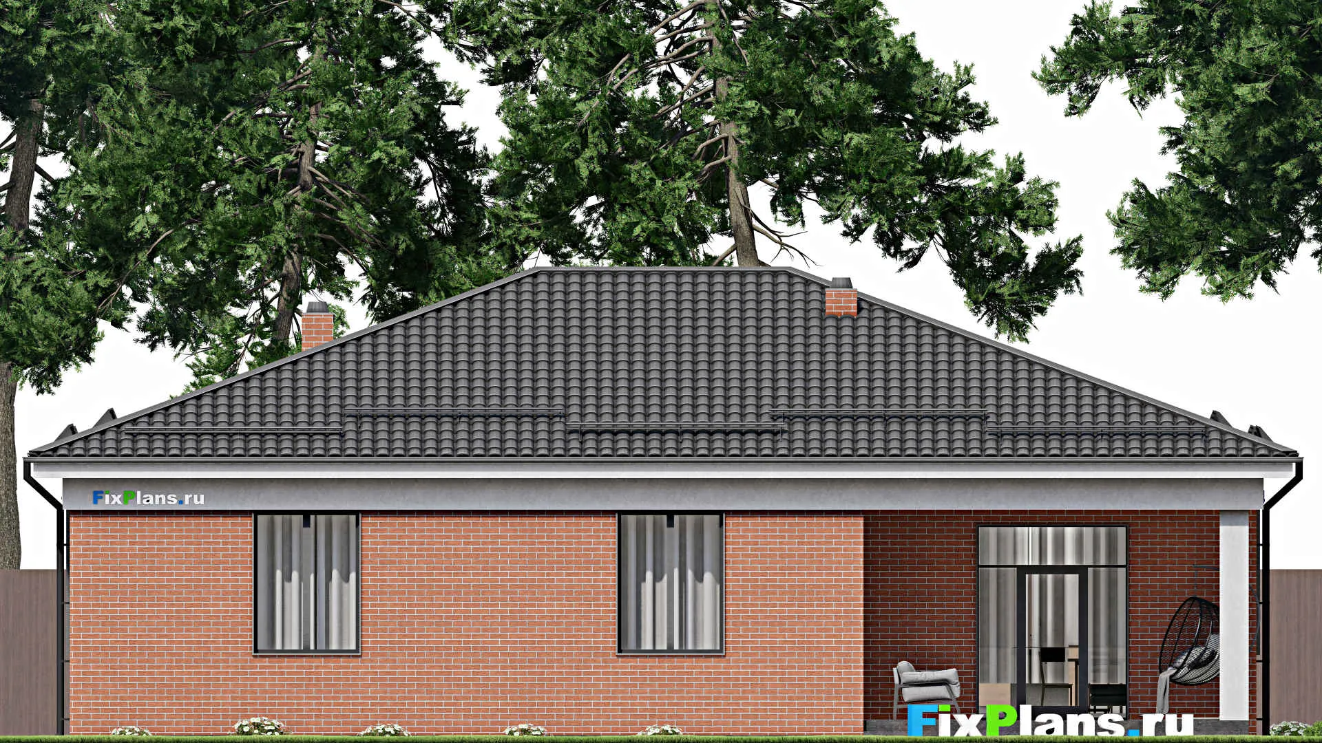 F-3464 - Проект одноэтажного дома 16 на 17, площадью 190 м² с террасой и 3 спальнями