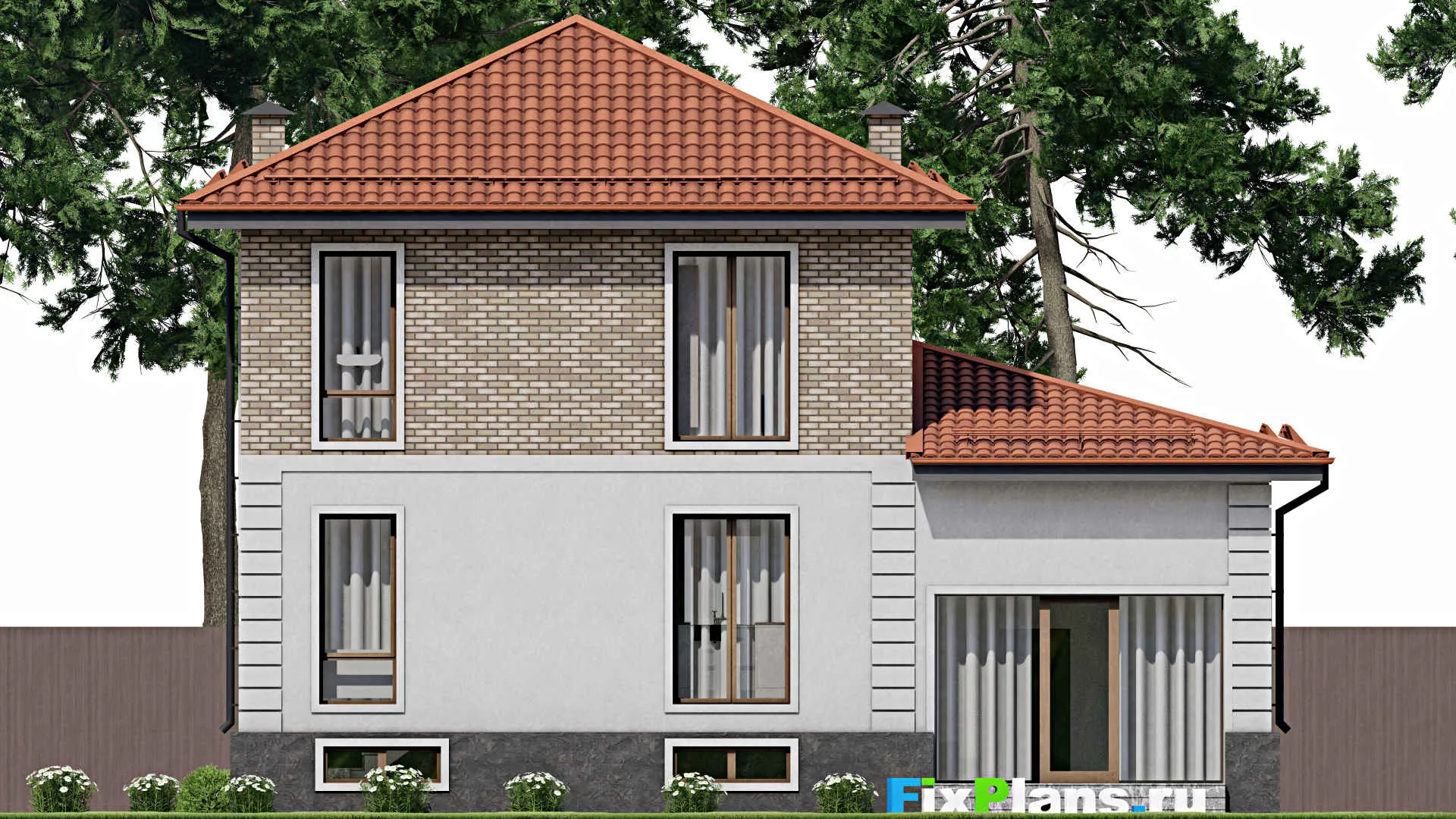 F-5705 - Проект двухэтажного дома 11 на 13, площадью 210 м² с террасой, балконом, цокольным этажом, гаражом на 1 машину и 4 спальнями