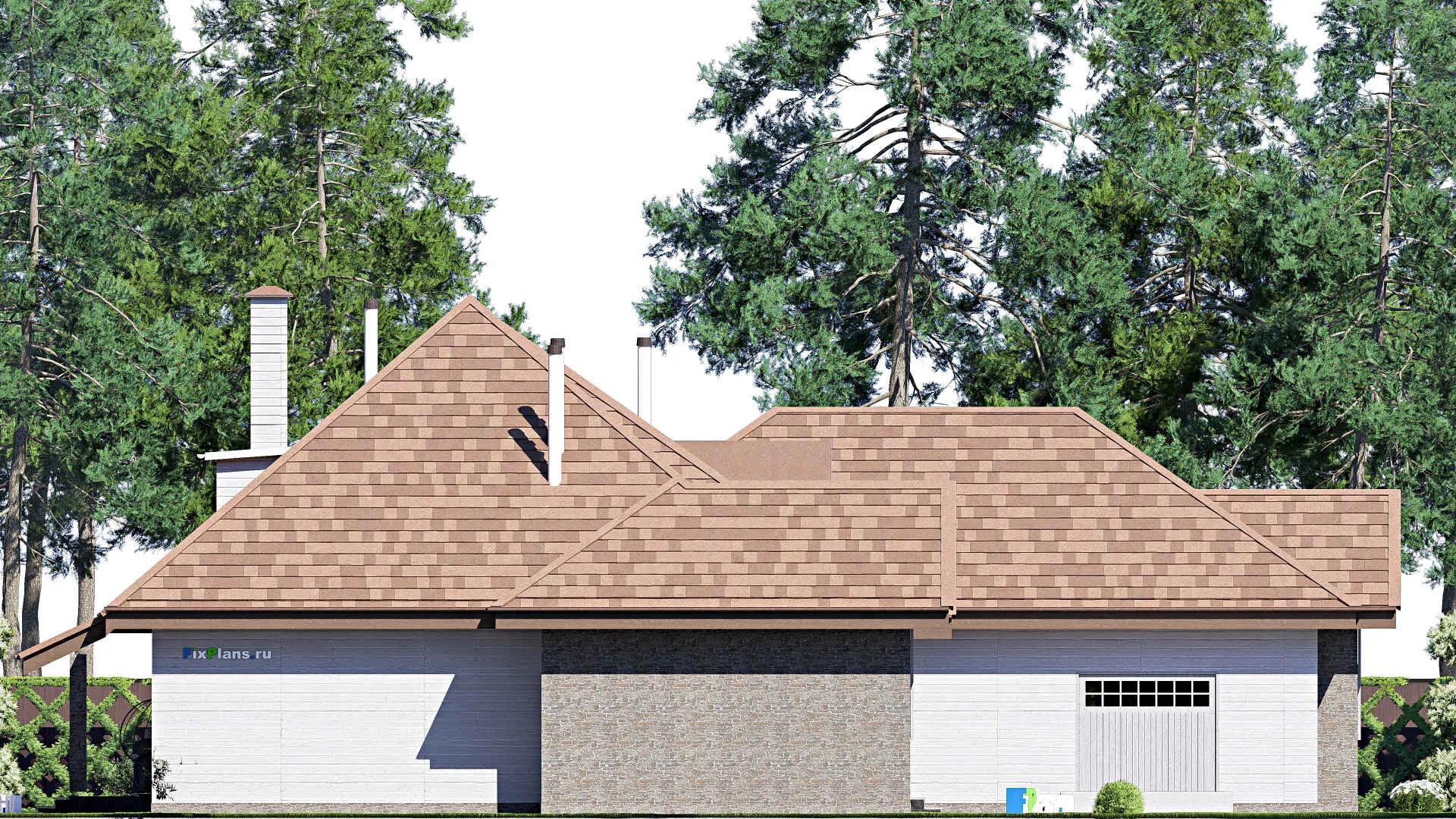 F-19808 - Планы дома с мансардой 22 на 23, площадью 330 м² с террасой, гаражом на 2 машины и 3 спальнями