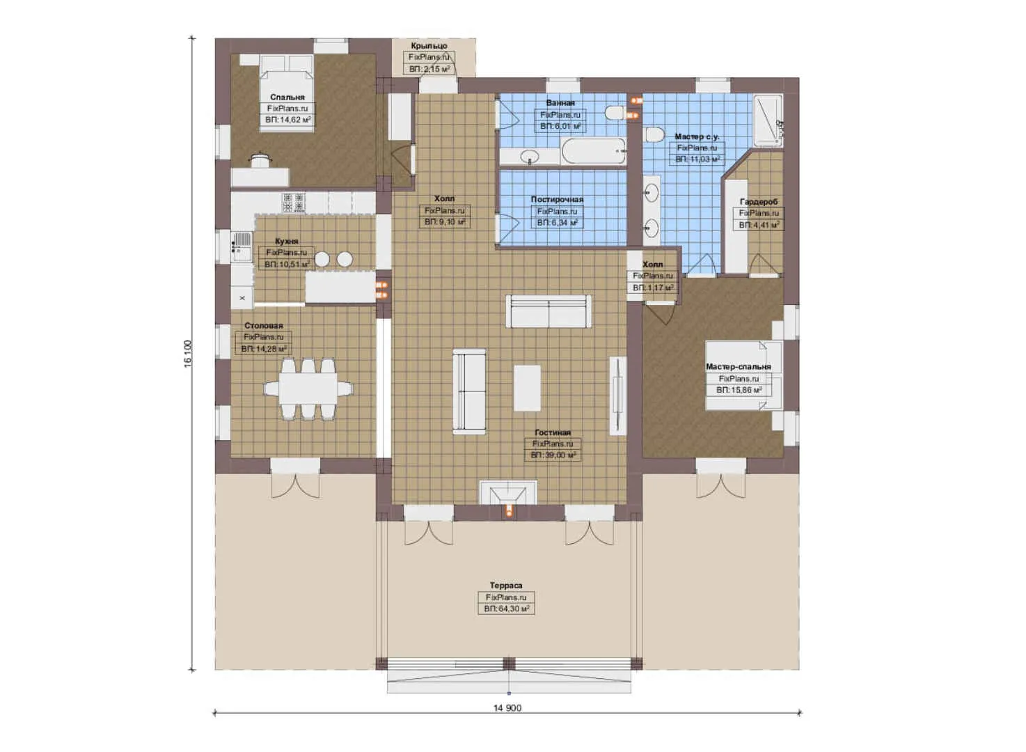 F-20690 - План одноэтажного дома 15 на 17, площадью 200 м² с террасой и 2 спальнями