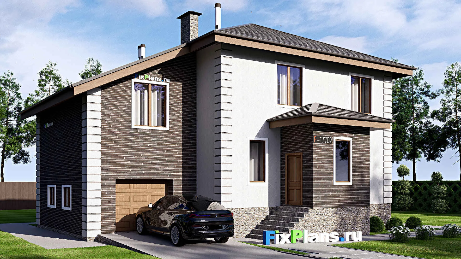 F-17702 - Проект двухэтажного дома 12 на 15, площадью 220 м² с гаражом на 1 машину и 5 спальнями