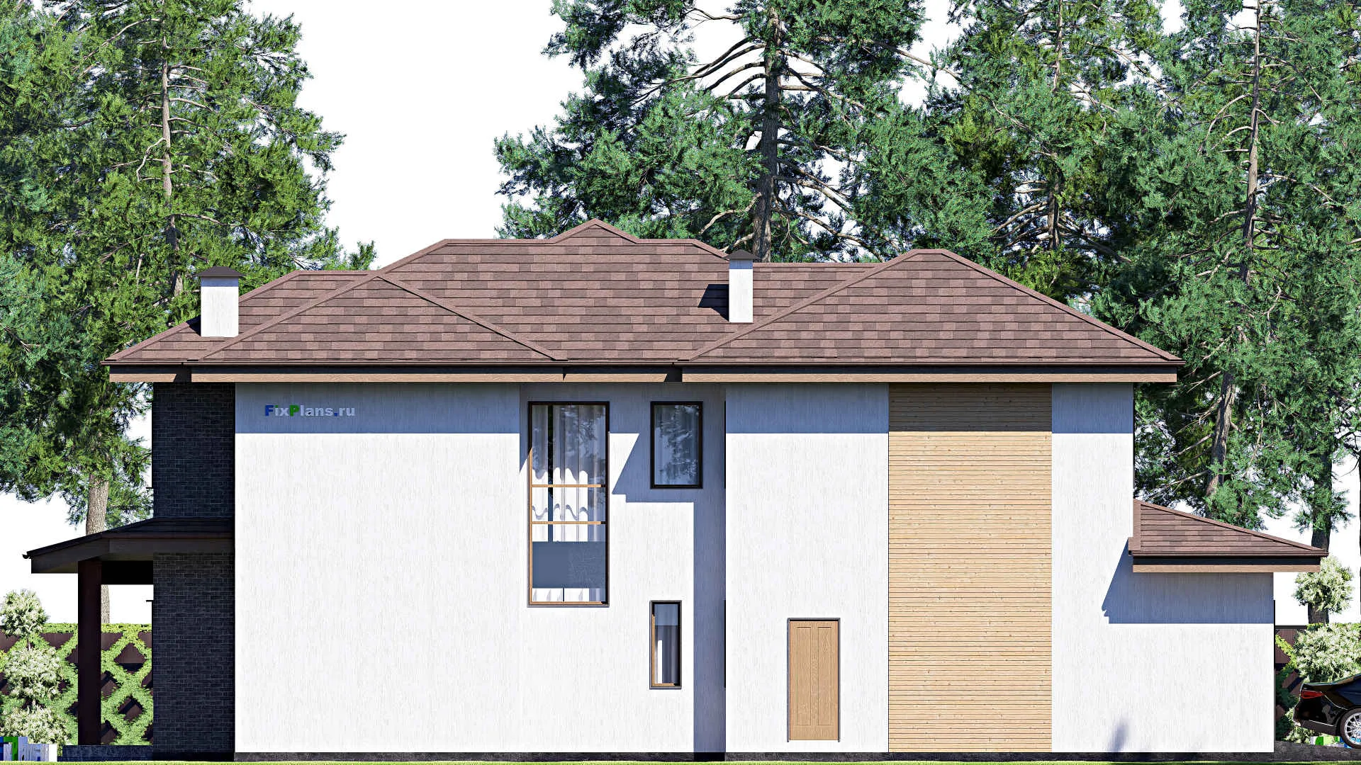 F-17252 - Проект двухэтажного дома 13 на 21, площадью 280 м² с террасой, балконом, баней, гаражом на 2 машины и 3 спальнями