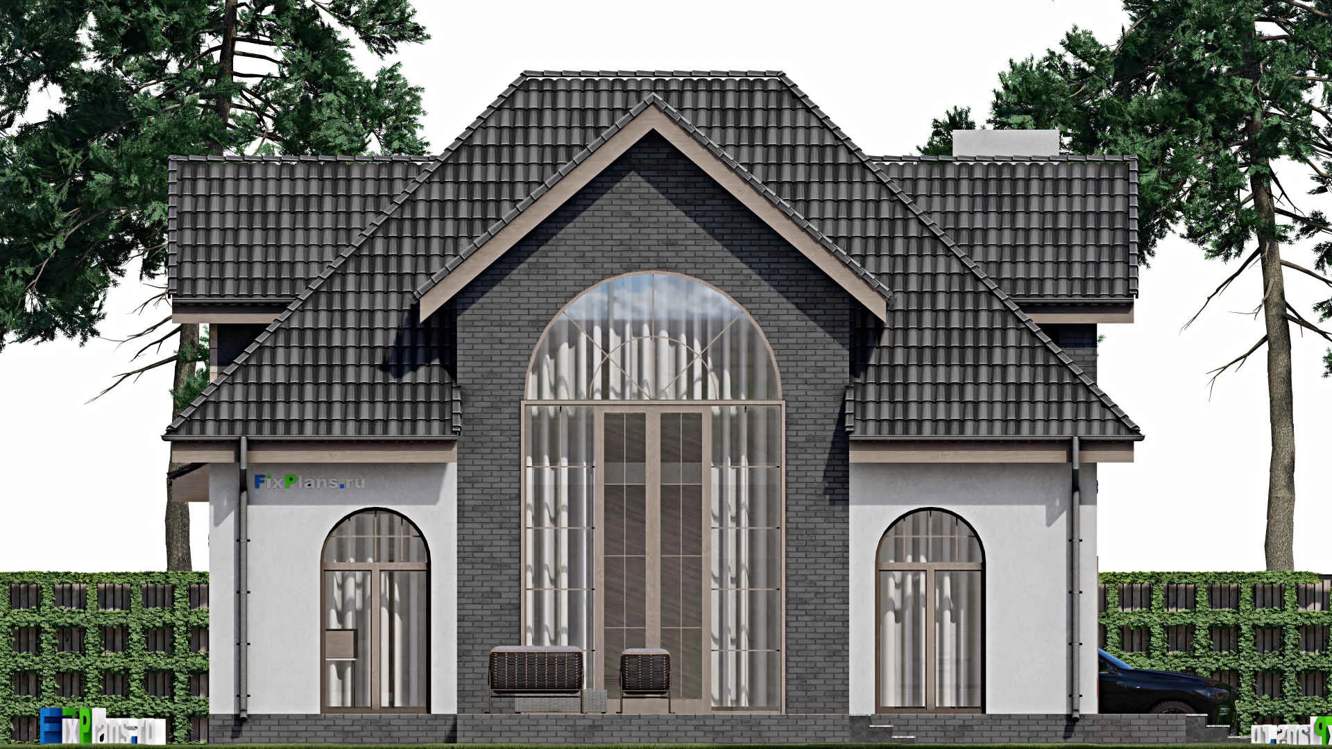 F-1781 - Планы дома с мансардой 12 на 16, площадью 190 м² с террасой, гаражом на 1 машину и 2 спальнями