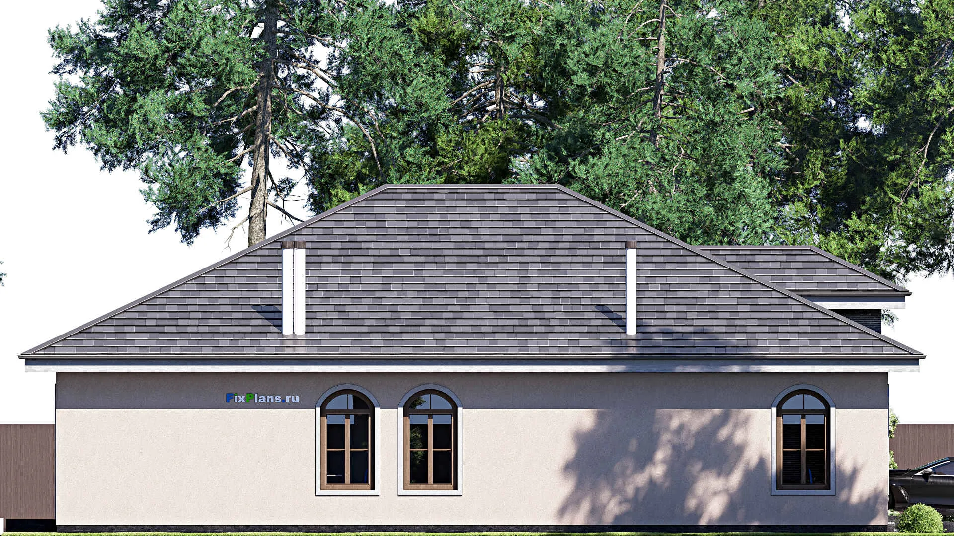 F-19745 - Проект одноэтажного дома 14 на 19, площадью 200 м² с гаражом на 2 машины и 3 спальнями