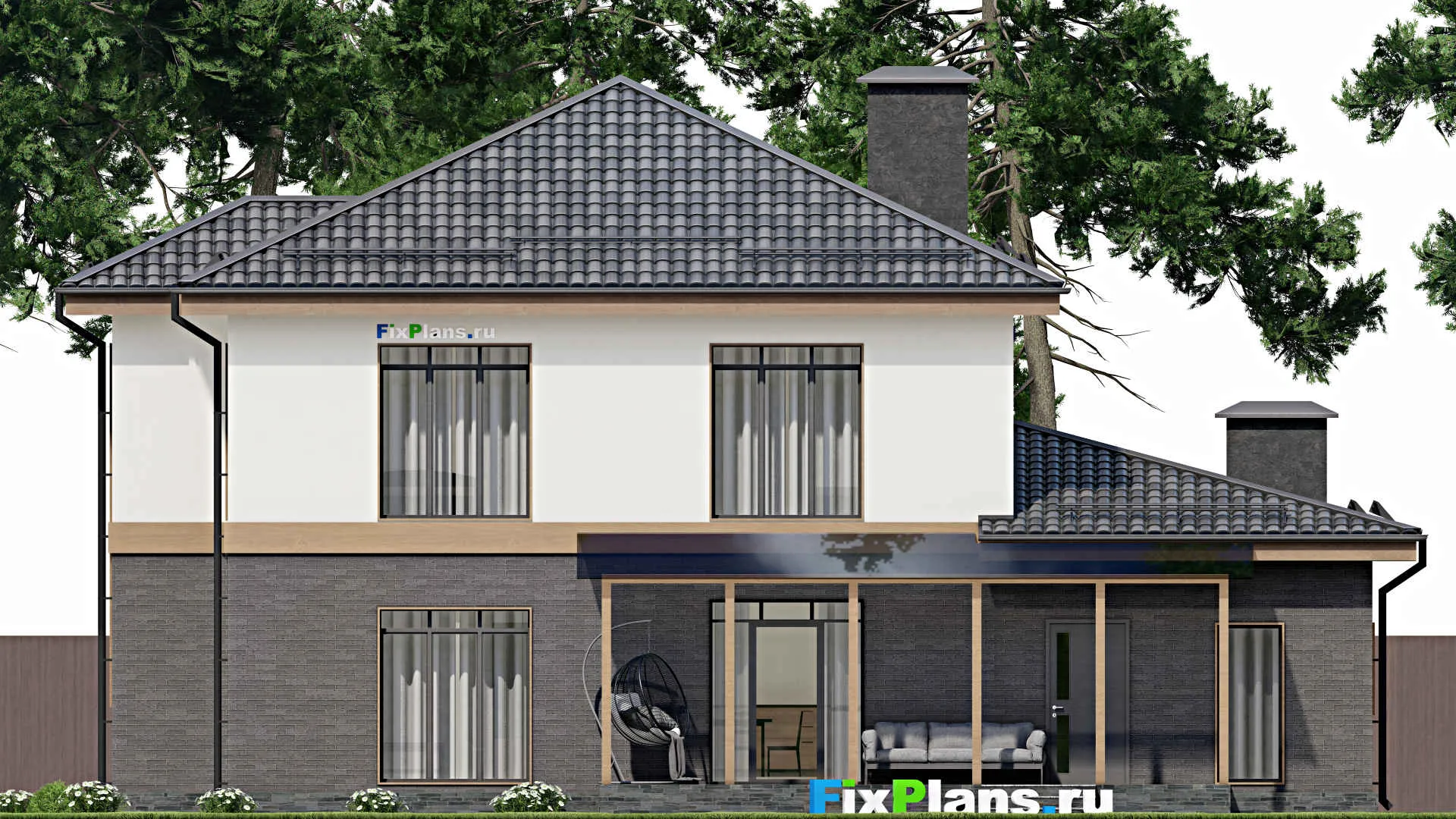 F-5813 - Проект двухэтажного дома 13 на 15, площадью 270 м² с террасой, балконом, гаражом на 2 машины и 5 спальнями