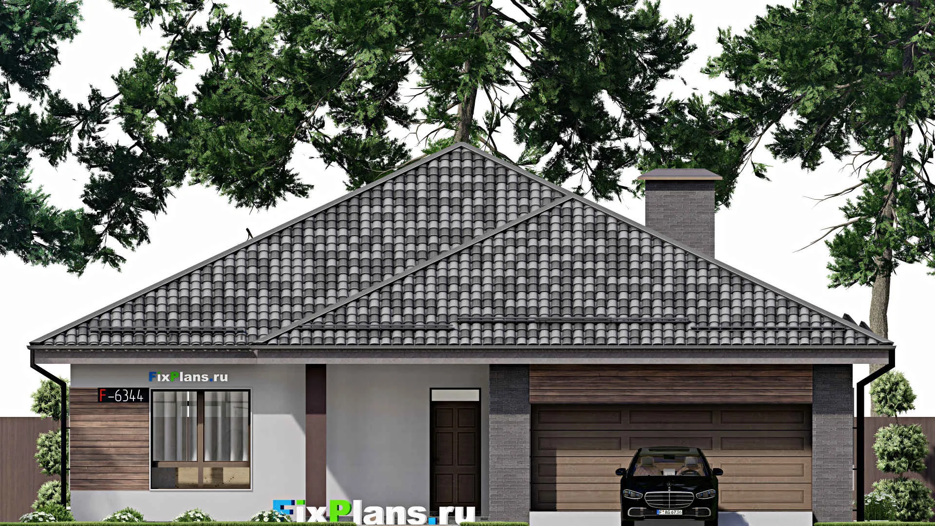 F-6344 - Проект одноэтажного дома 16 на 18, площадью 210 м² с террасой, гаражом на 2 машины и 3 спальнями