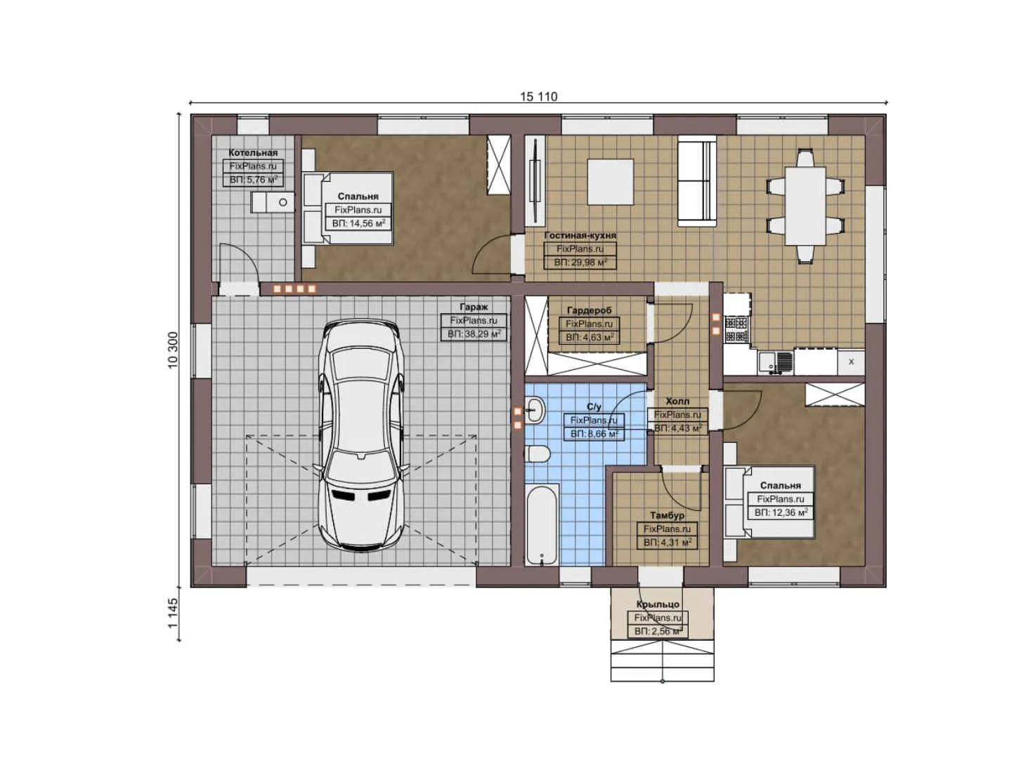 F-3590 - План одноэтажного дома 11 на 16, площадью 130 м² с гаражом на 2 машины и 2 спальнями