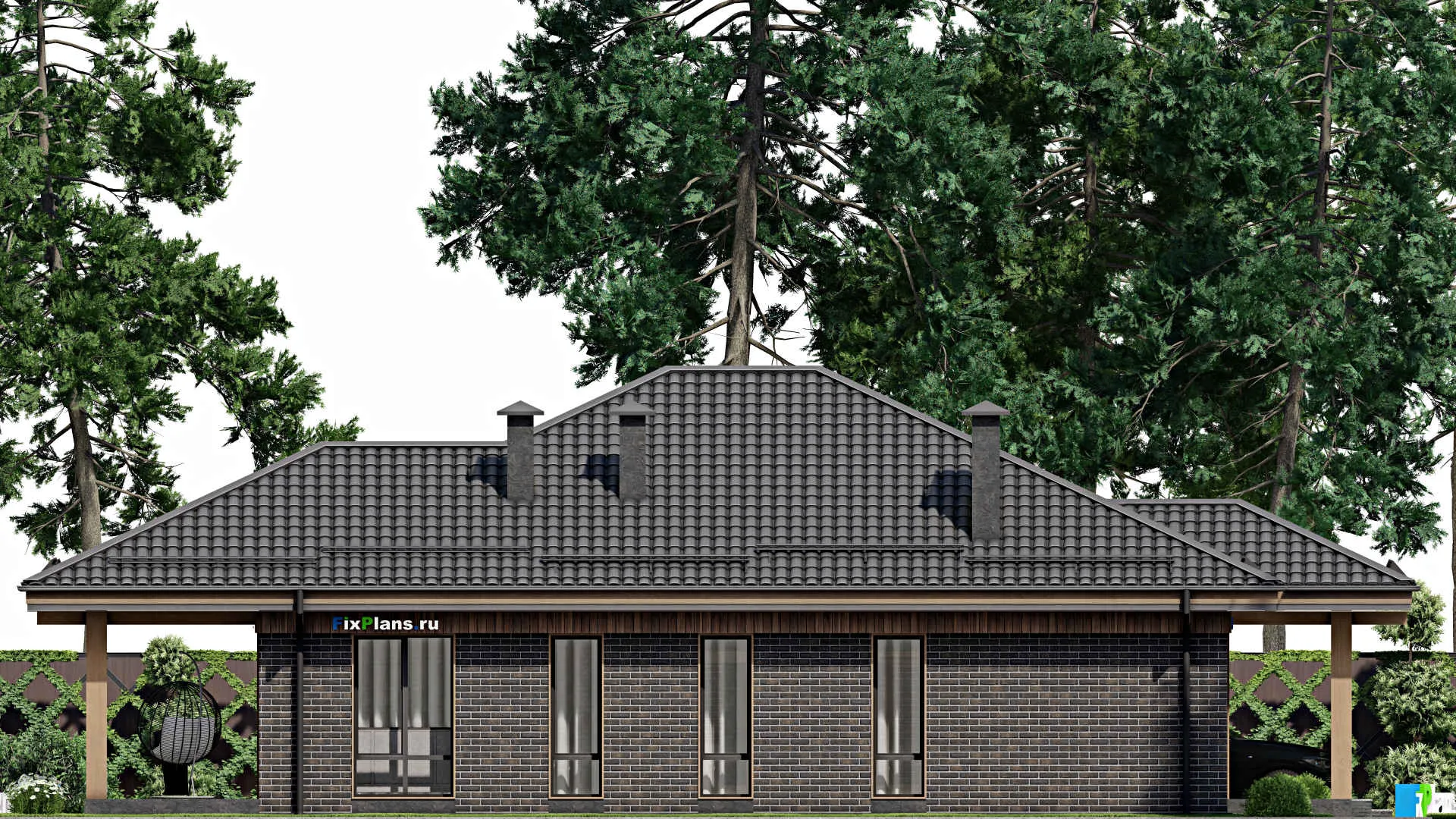 F-5390 - План одноэтажного дома 12 на 14, площадью 150 м² с террасой и 3 спальнями