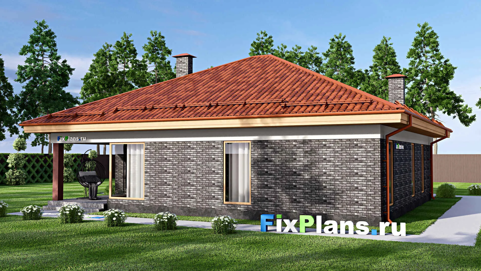 F-15821 - План одноэтажного дома 13 на 14, площадью 150 м² с террасой и 4 спальнями