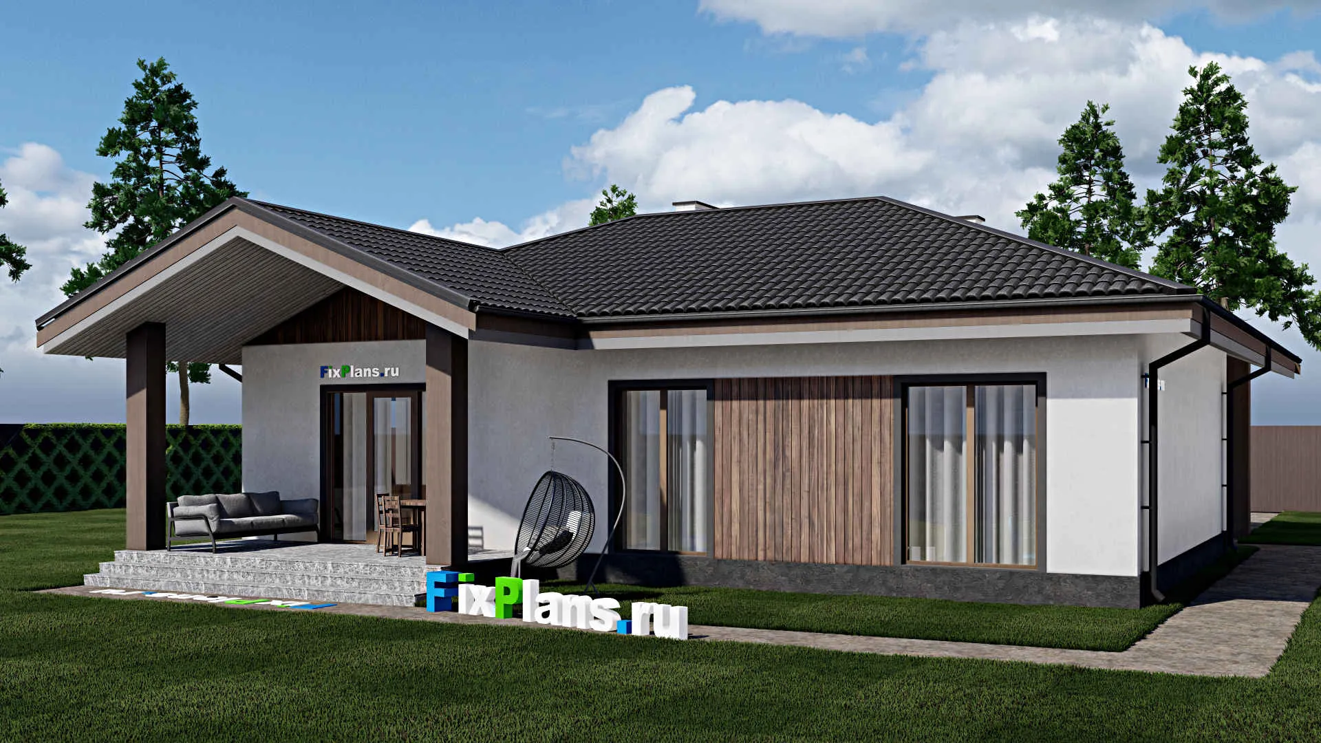 F-1790 - Проект одноэтажного дома 10 на 15, площадью 130 м² с террасой и 3 спальнями