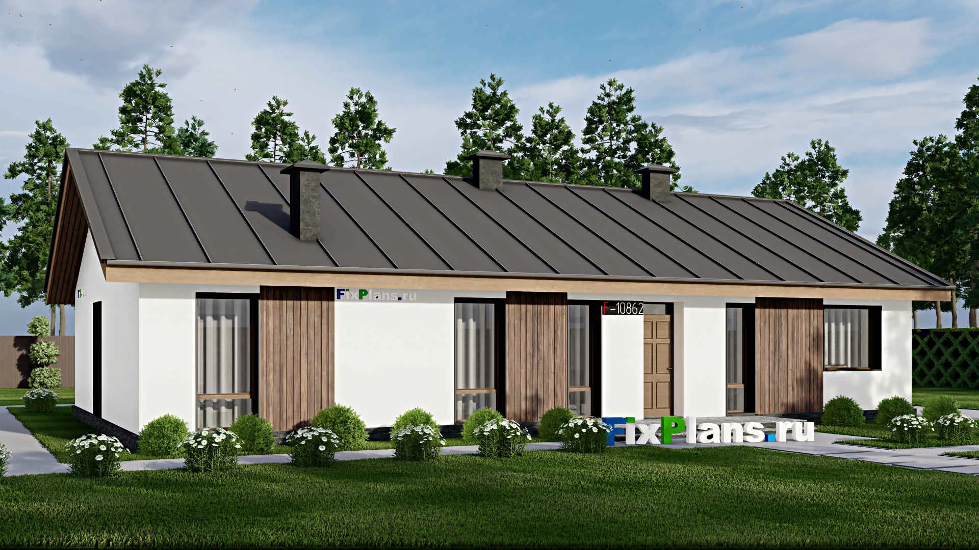 F-10862 - Проект одноэтажного дома 14 на 21, площадью 200 м² с террасой и 3 спальнями
