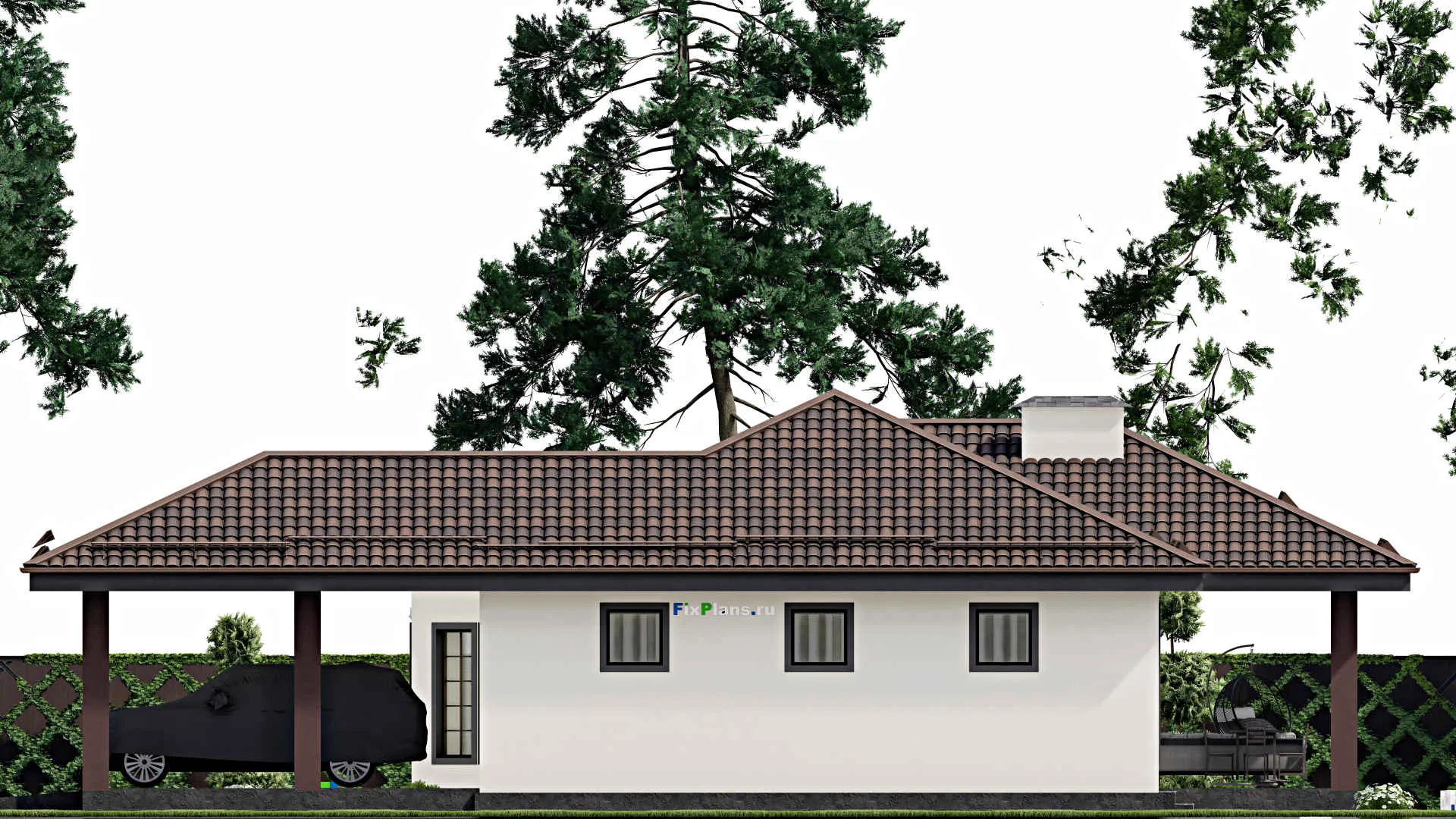 F-12077 - План одноэтажного дома 20 на 20, площадью 220 м² с террасой, гаражом на 2 машины и 2 спальнями