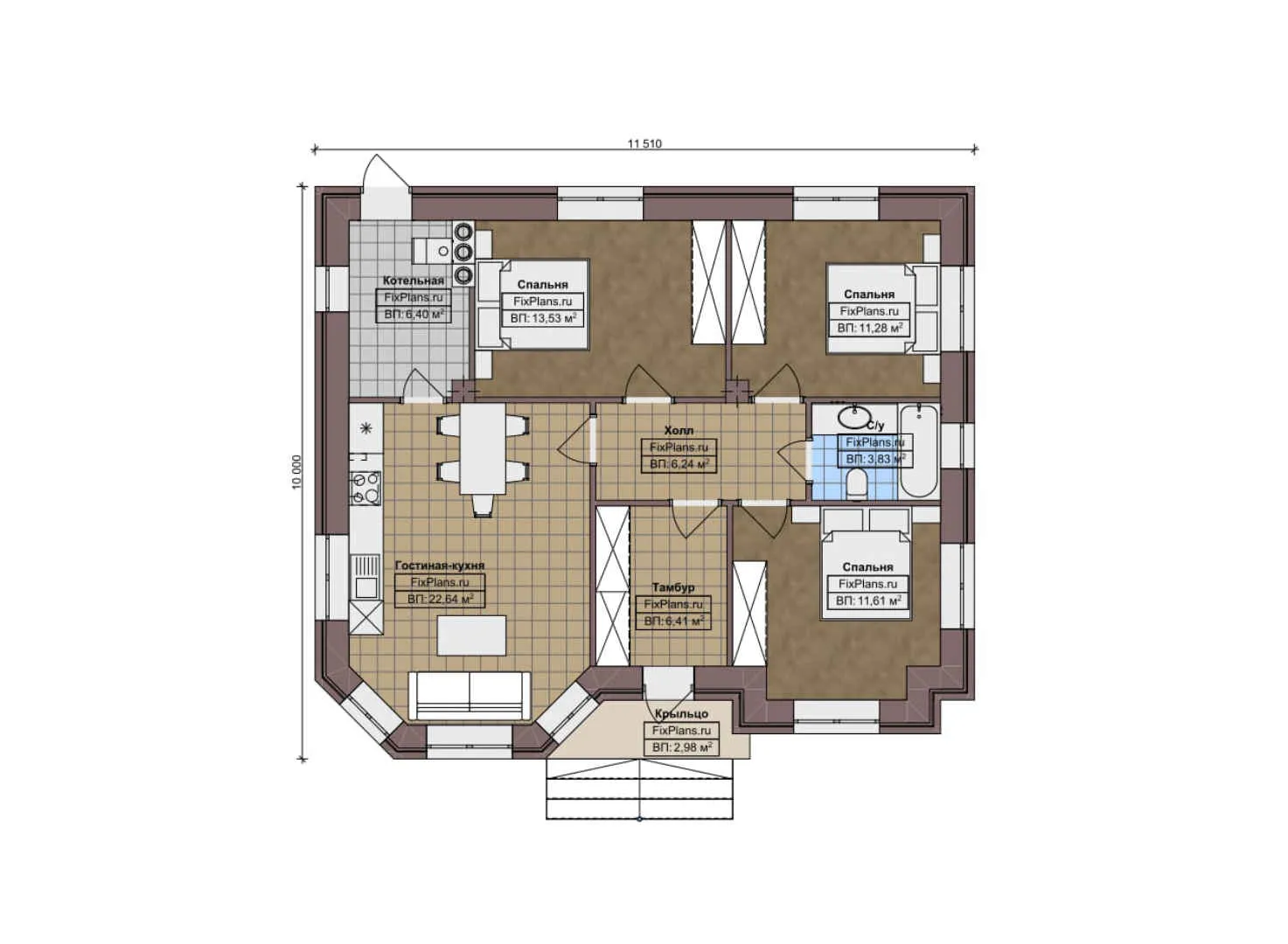 F-7361 - План одноэтажного дома 10 на 12, площадью 90 м² с 3 спальнями