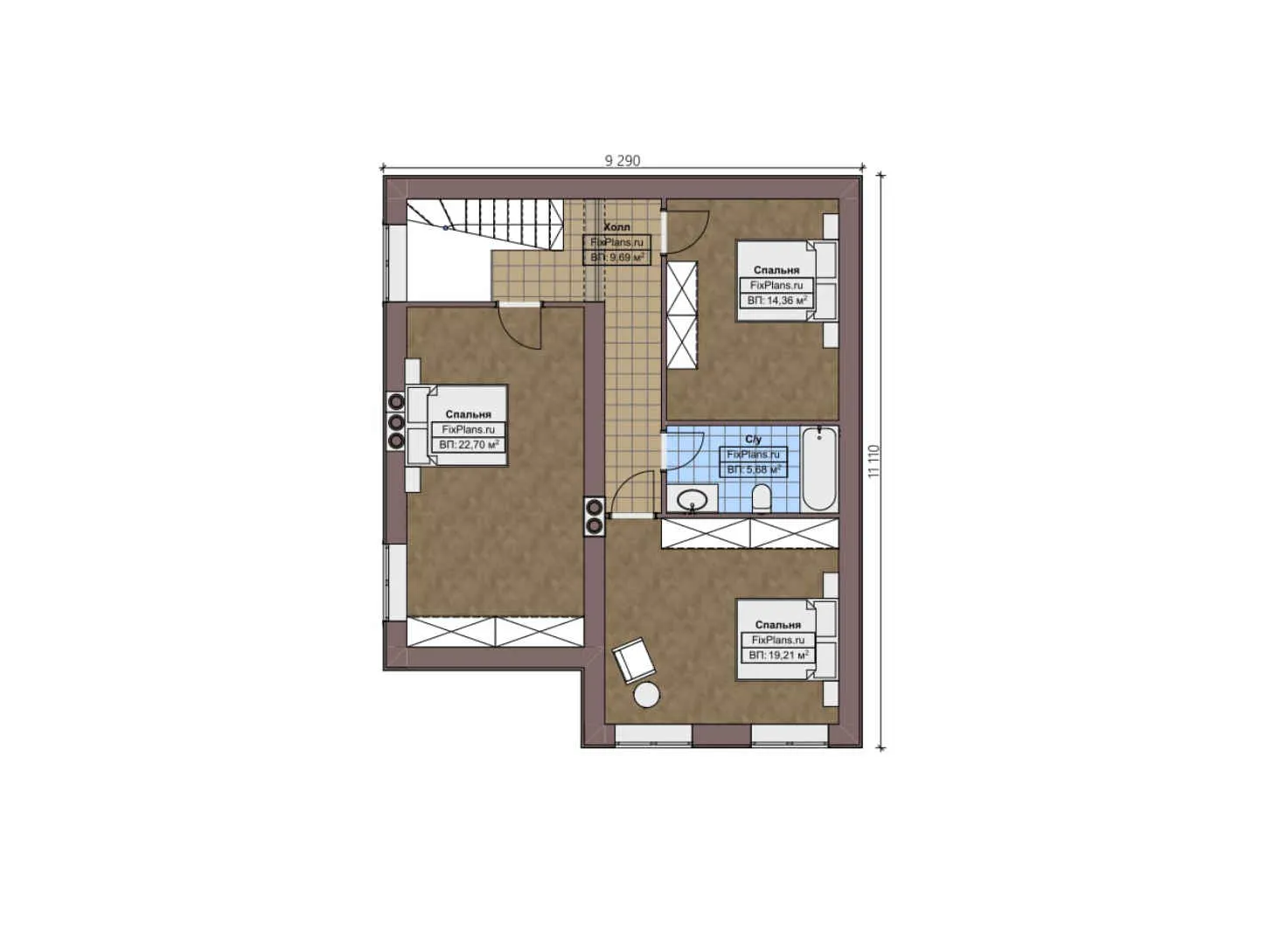 F-3050 - Планы дома с мансардой 12 на 13, площадью 200 м² с террасой и 5 спальнями