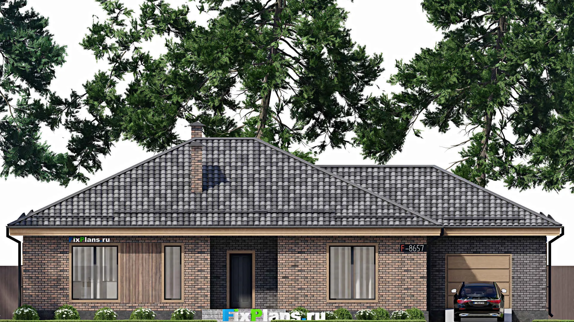 F-8657 - Проект одноэтажного дома 14 на 20, площадью 190 м² с террасой, гаражом на 1 машину и 3 спальнями