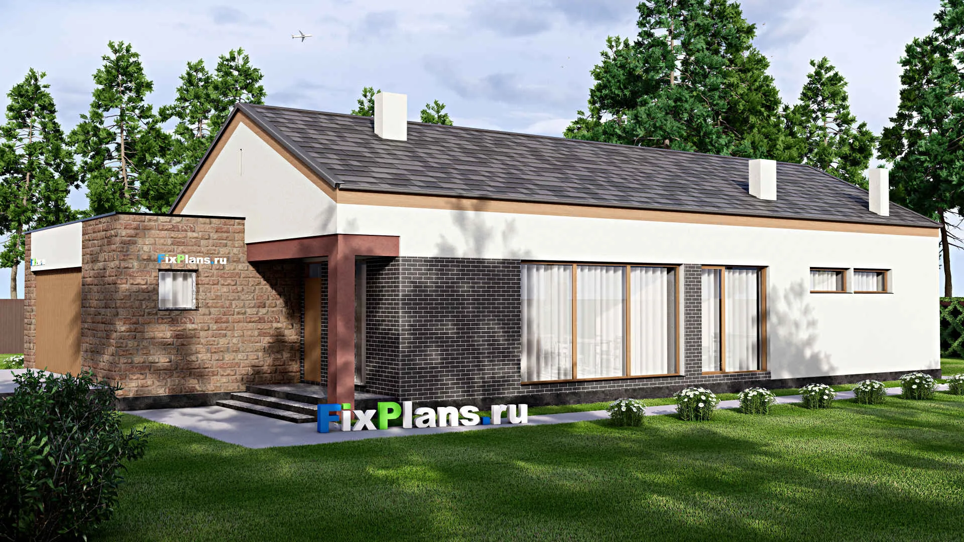 F-16217 - План одноэтажного дома 13 на 23, площадью 240 м² с террасой, гаражом на 2 машины и 4 спальнями