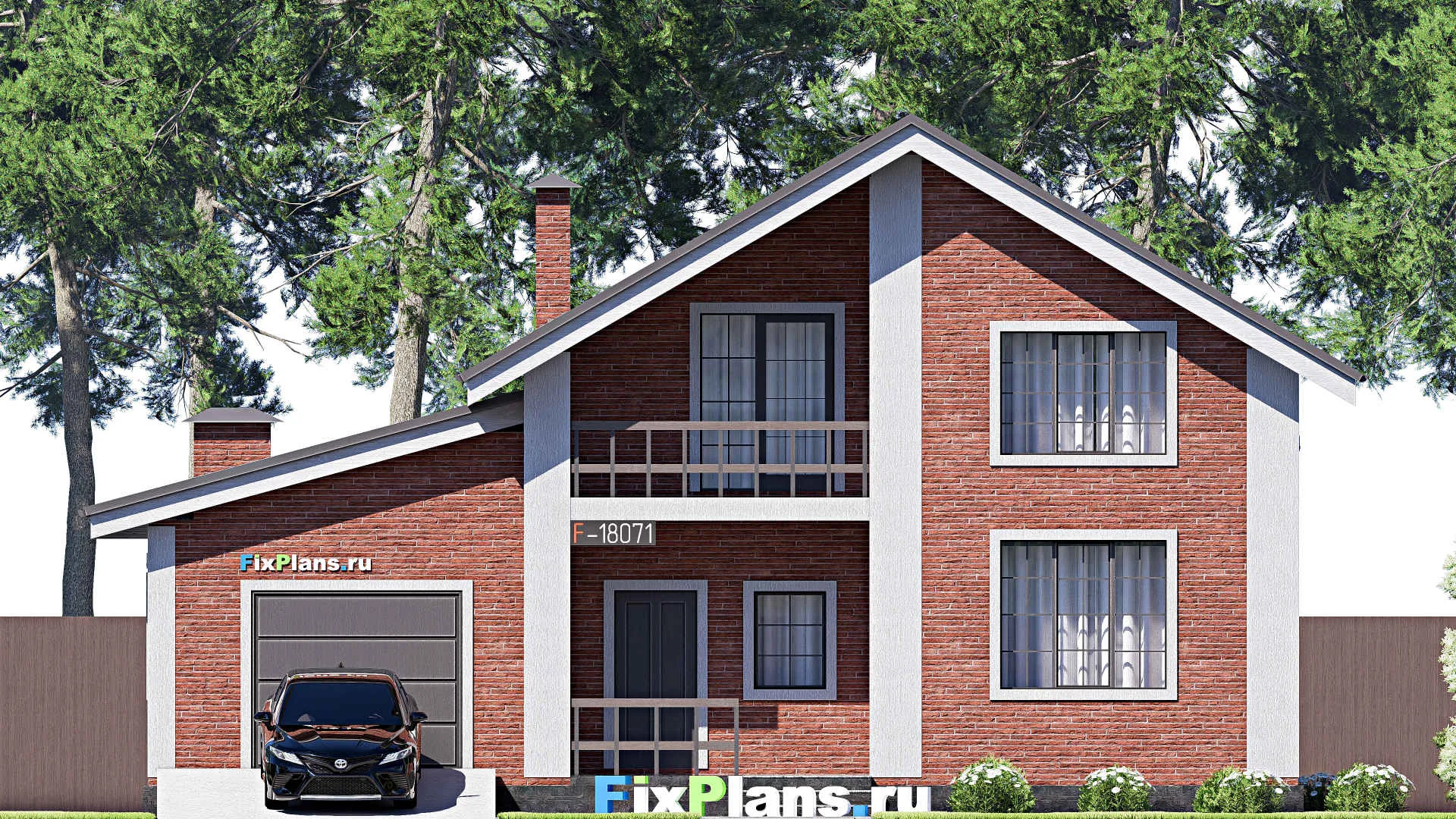 F-18071 - Проект дома с мансардой 14 на 14, площадью 200 м² с террасой, балконом, гаражом на 1 машину и 3 спальнями