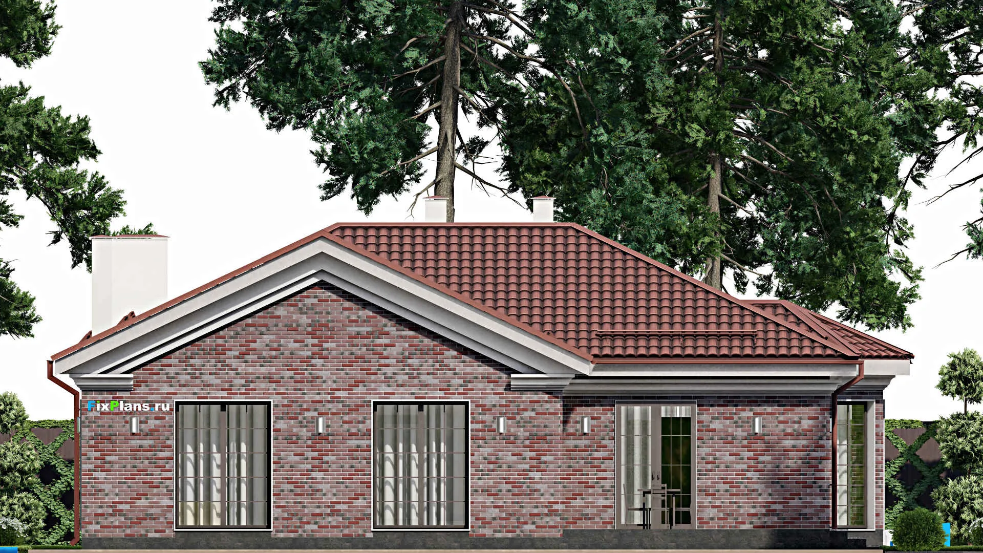 F-1484 - План одноэтажного дома 15 на 19, площадью 190 м² с террасой, гаражом на 1 машину и 3 спальнями