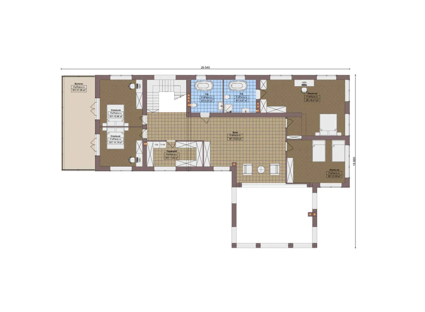 F-18899 - Планы двухэтажного дома 19 на 35, площадью 610 м² с террасой, балконом, гаражом на 2 машины, бассейном и 4 спальнями