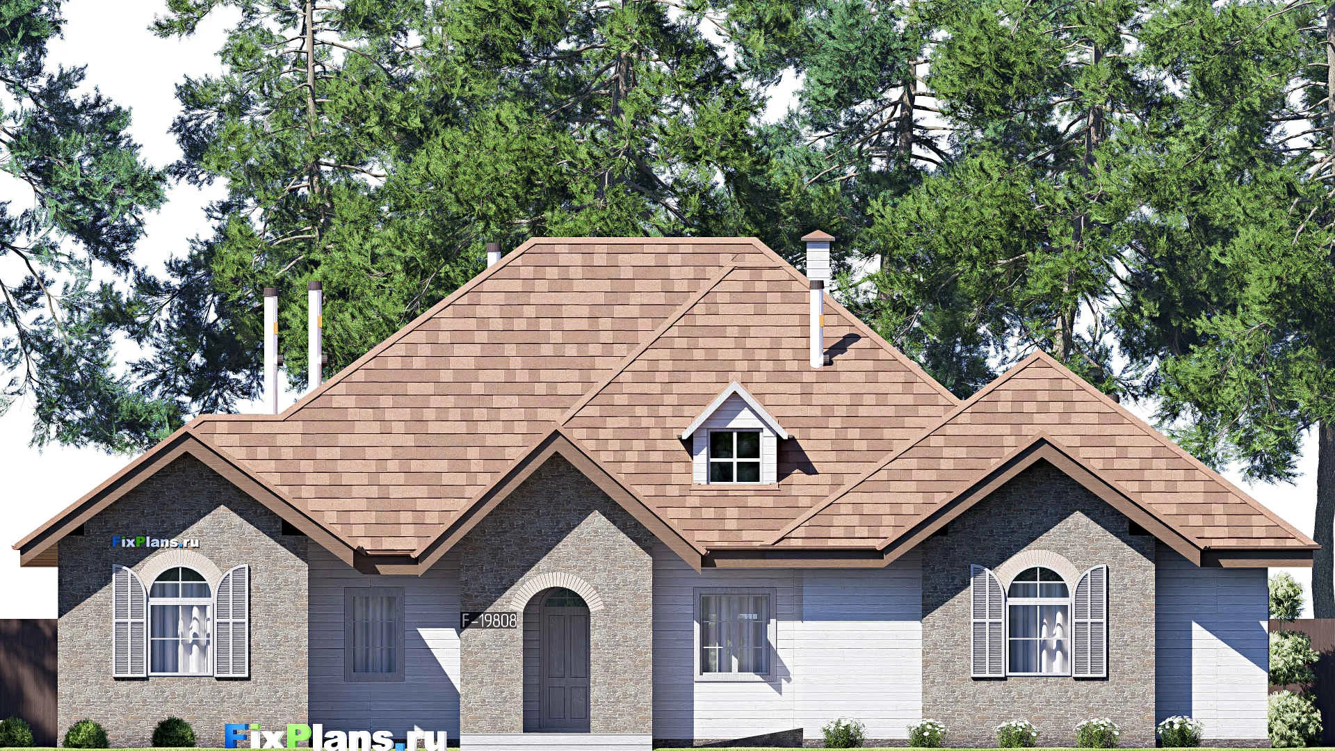 F-19808 - Планы дома с мансардой 22 на 23, площадью 330 м² с террасой, гаражом на 2 машины и 3 спальнями