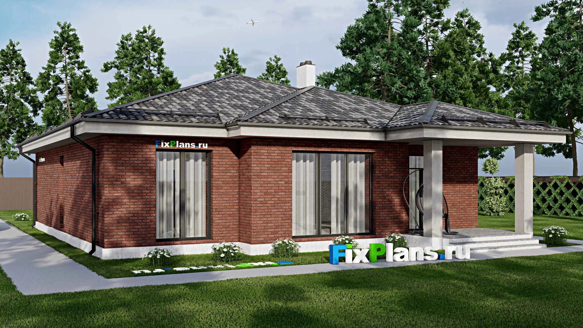 F-8342 - Проект одноэтажного дома 14 на 19, площадью 170 м² с террасой и 3 спальнями