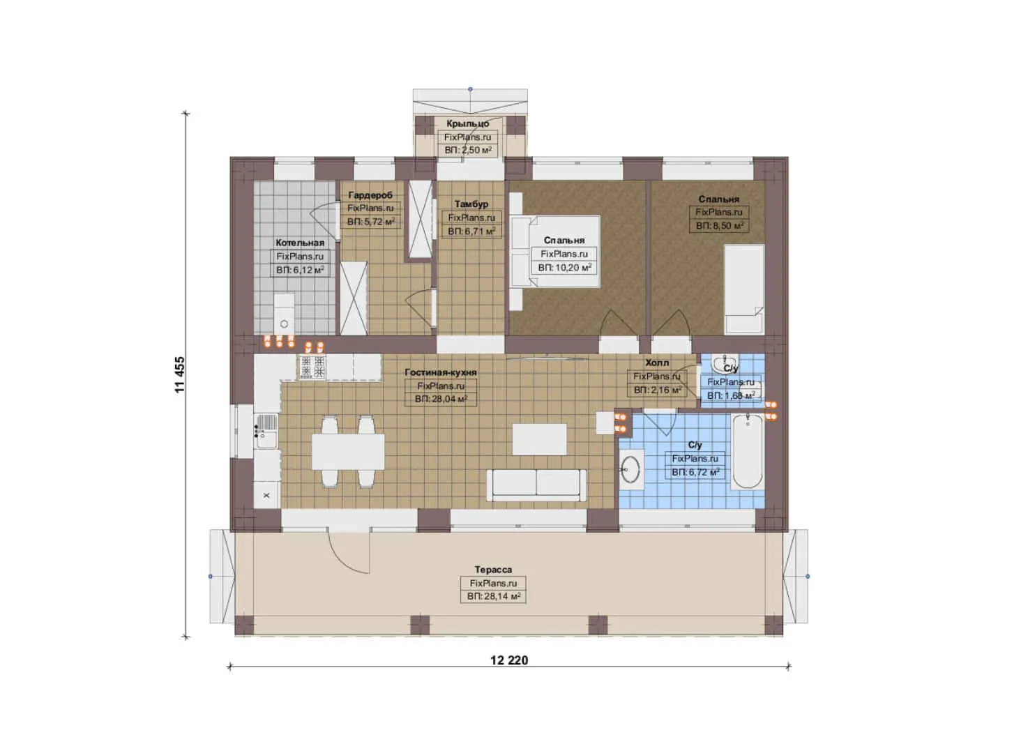 F-17351 - План одноэтажного дома 12 на 13, площадью 110 м² с террасой и 2 спальнями